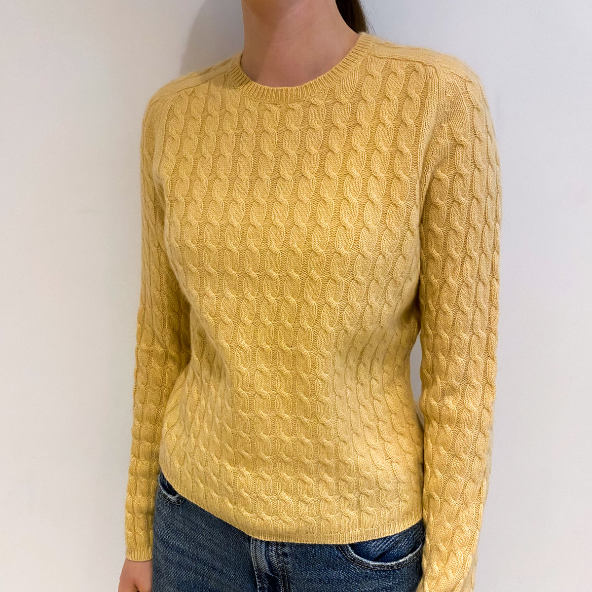 Mustard Yellow Cashmere Crew Neck Cable Knit Jumper Extra Small