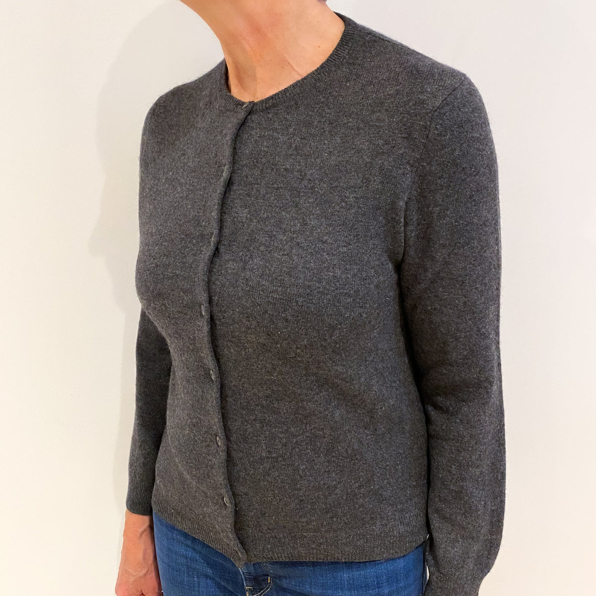 Dark Slate Grey Cashmere Crew Neck Cardigan Medium