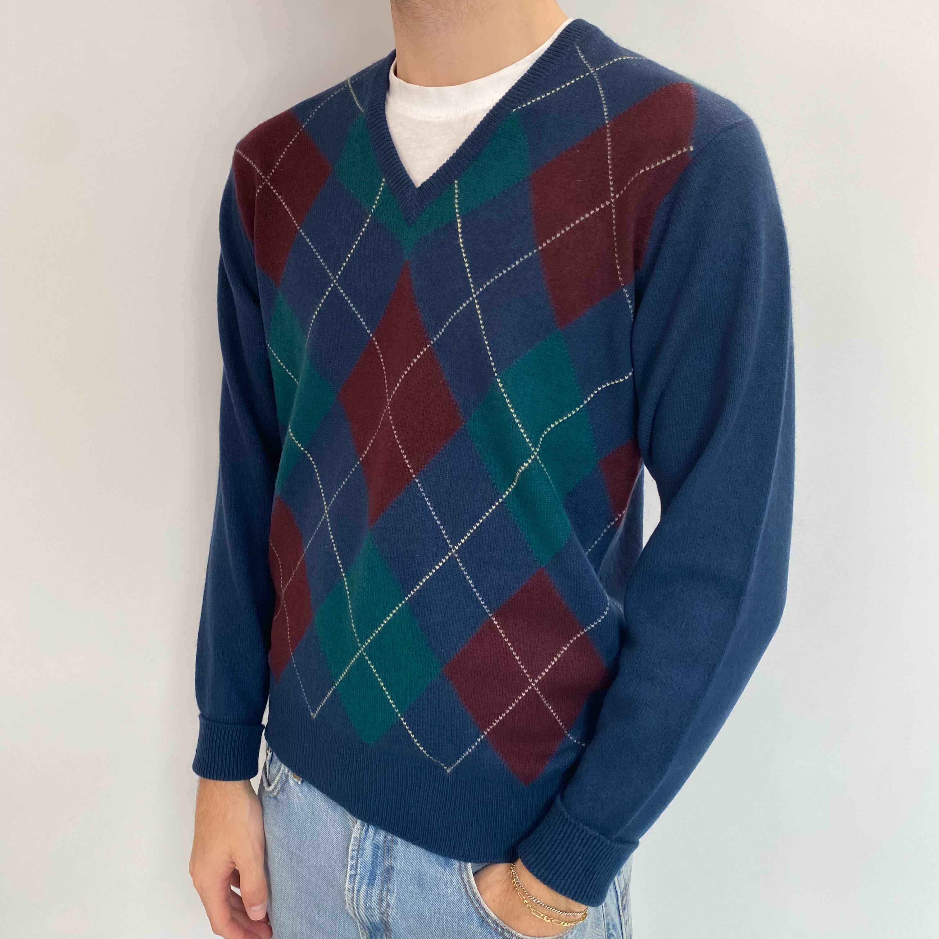 Men's Vintage Scottish Petrol Blue Diamond Cashmere V Neck Jumper Medium
