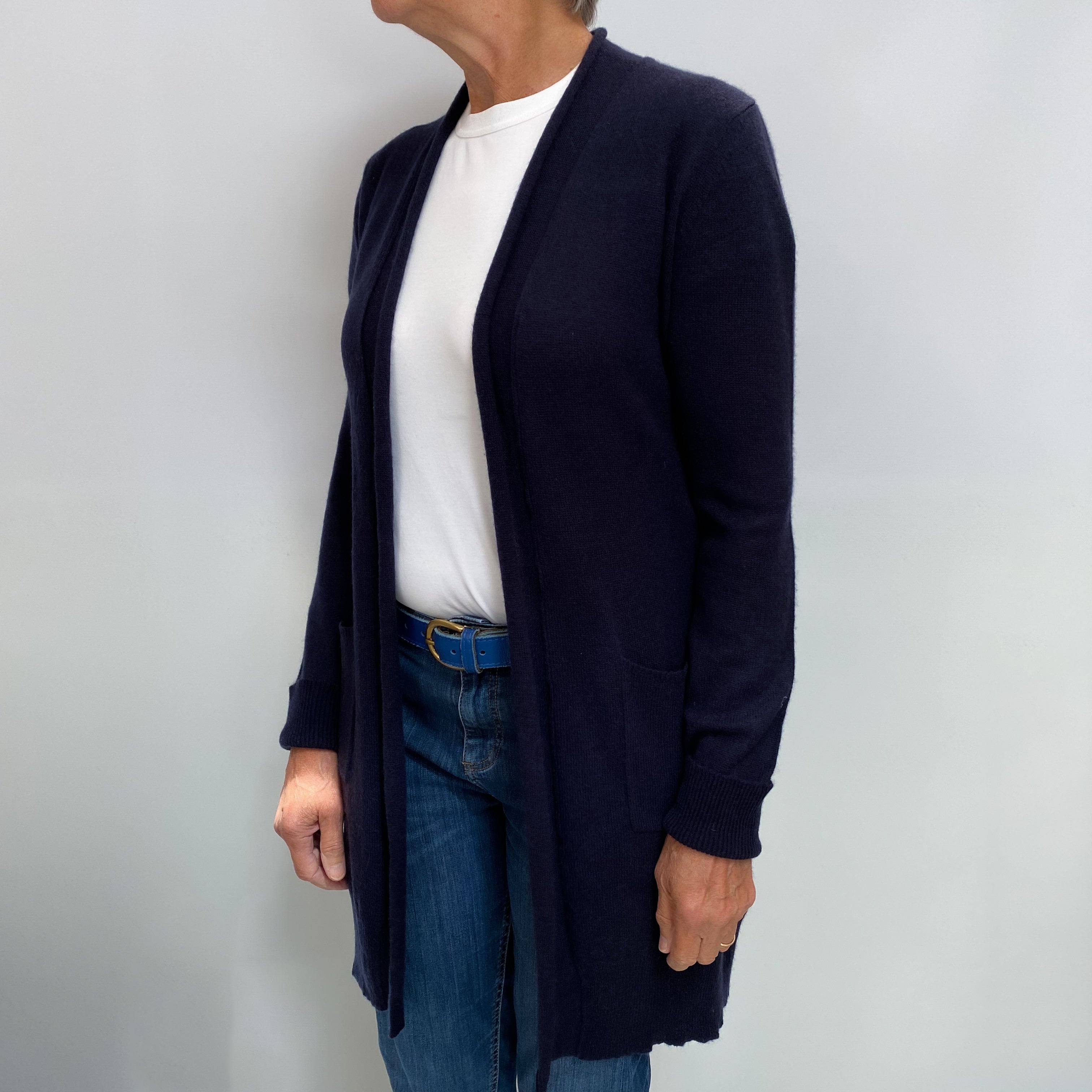 Navy Blue Cashmere Edge To Edge Cardigan Medium
