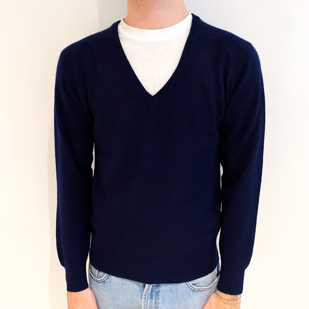 Men's Navy Blue Cashmere V Neck Jumper Medium