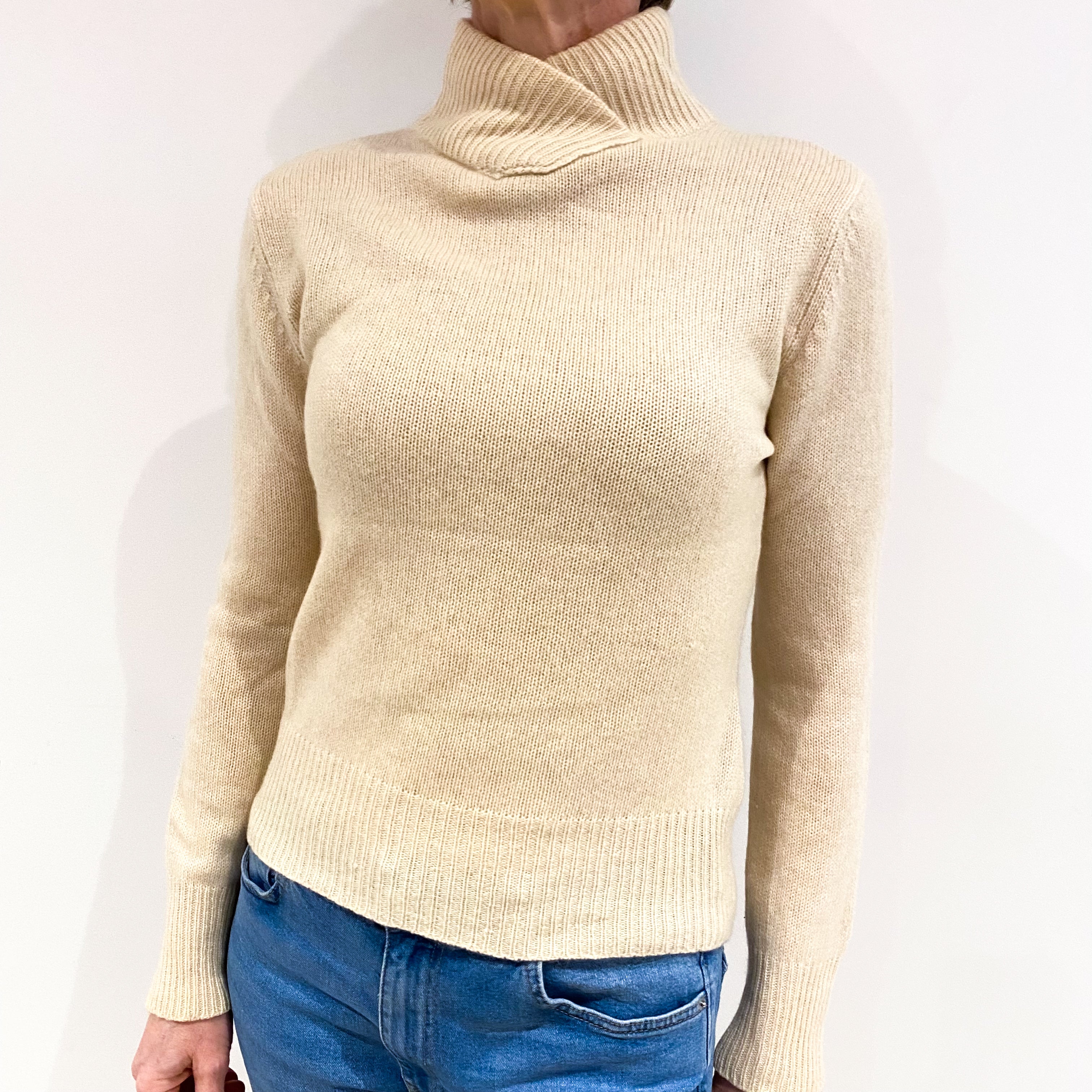 Vanilla Cream Cashmere Cross Over Polo Neck Jumper Small