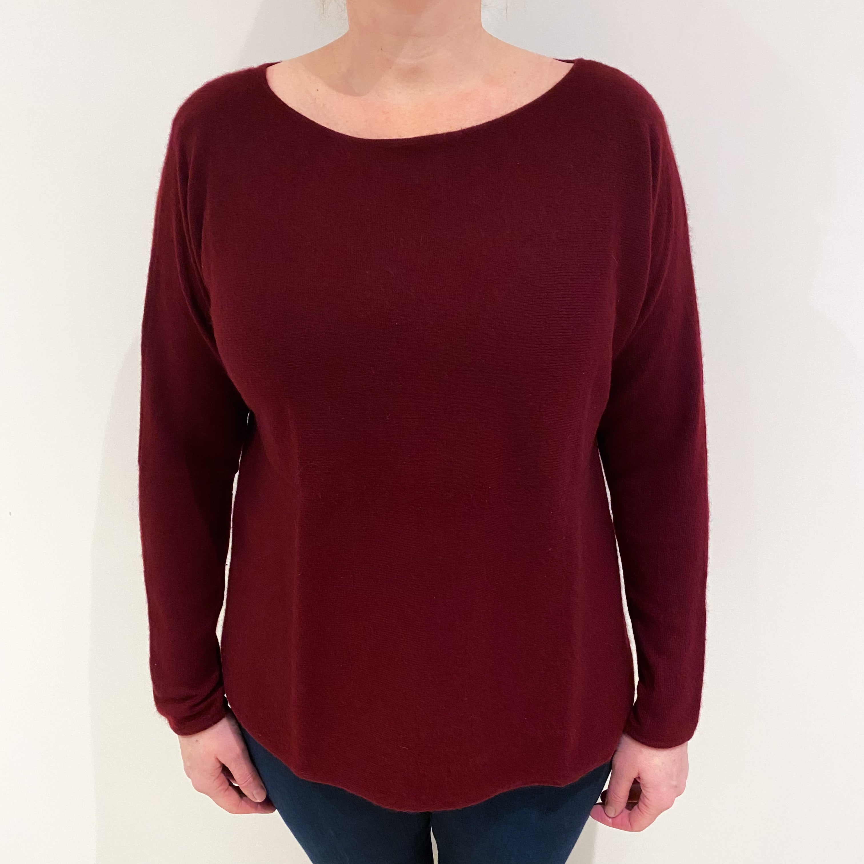 Wine Red Cashmere Batwing Slash Neck Jumper Large
