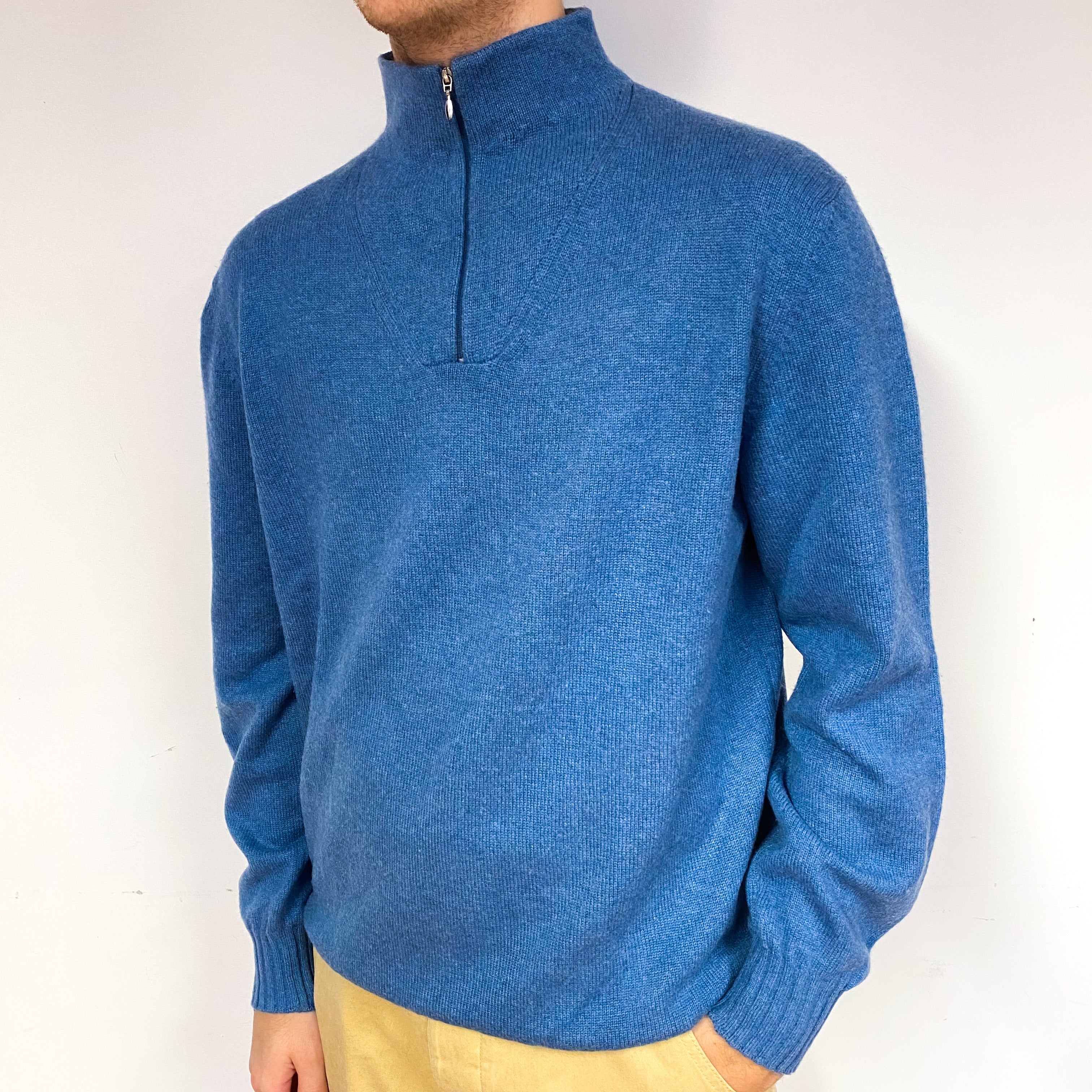 Men's Denim Blue Cashmere Quarter Zip Jumper Large
