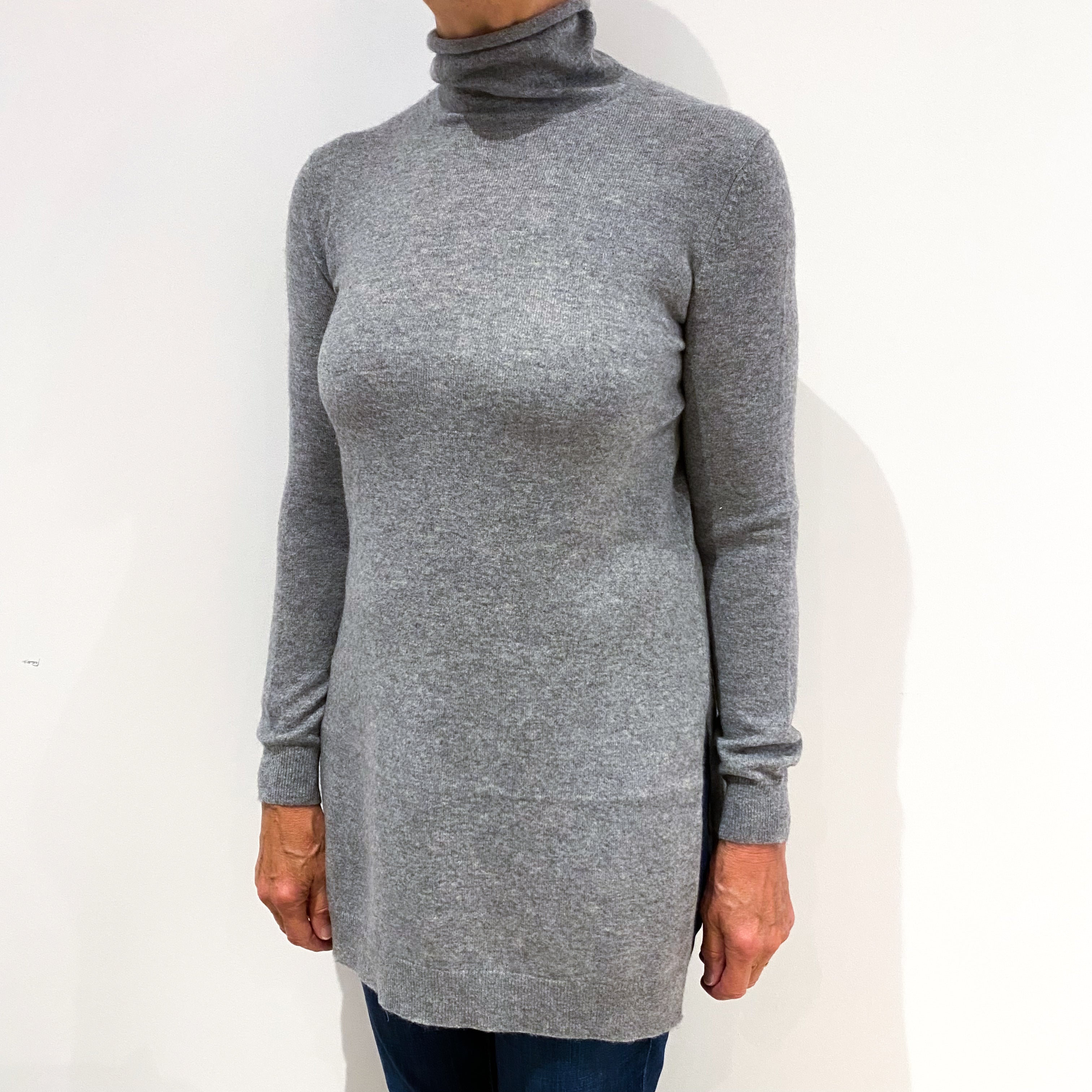 Smoke Grey Cashmere Funnel Neck Tunic Jumper