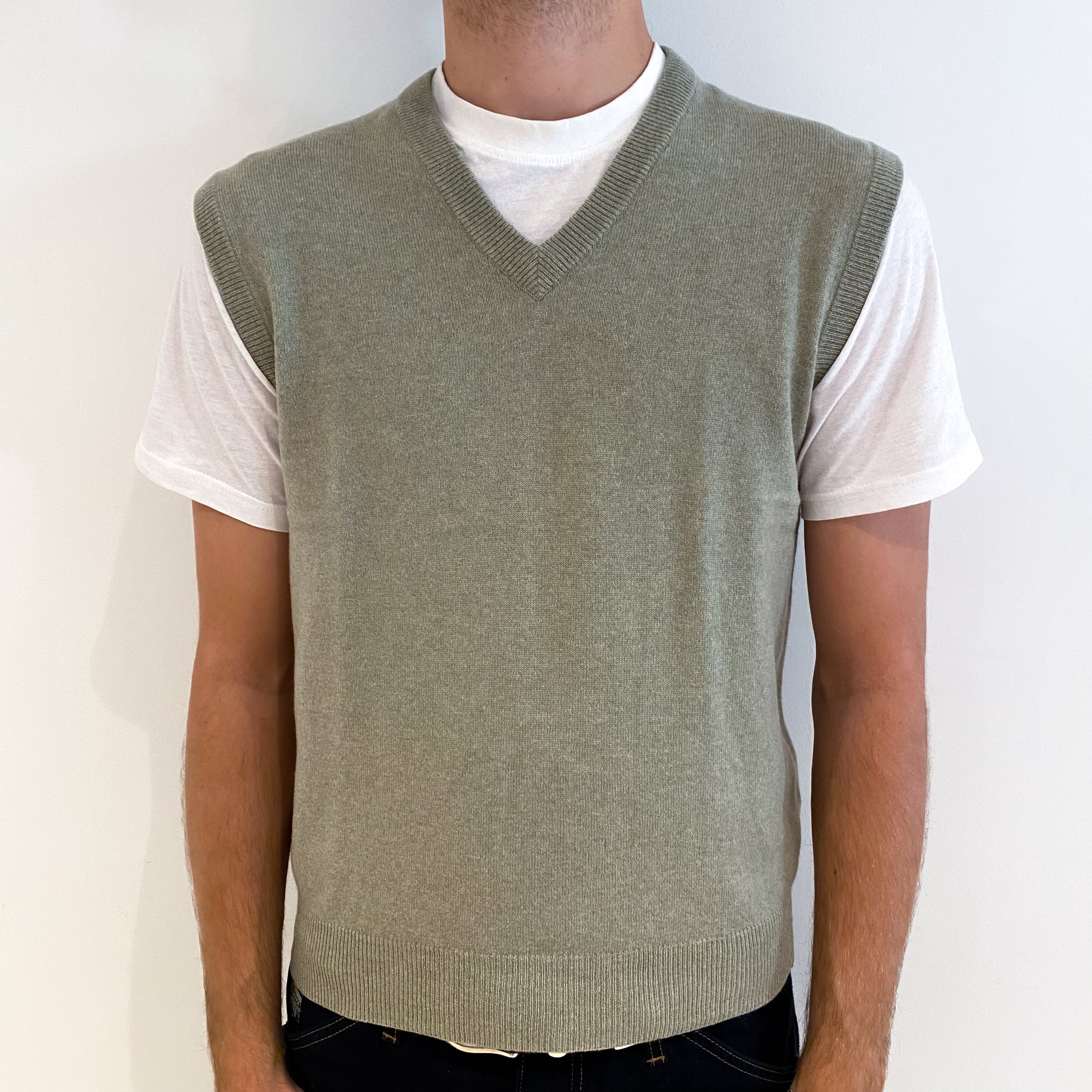 Men's Sage Green Cashmere V-Neck Tank Top Medium