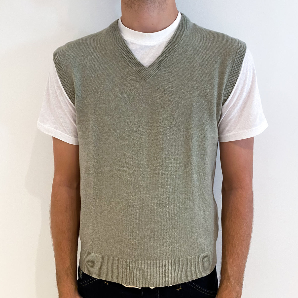 Men's Sage Green Cashmere V-Neck Tank Top Medium