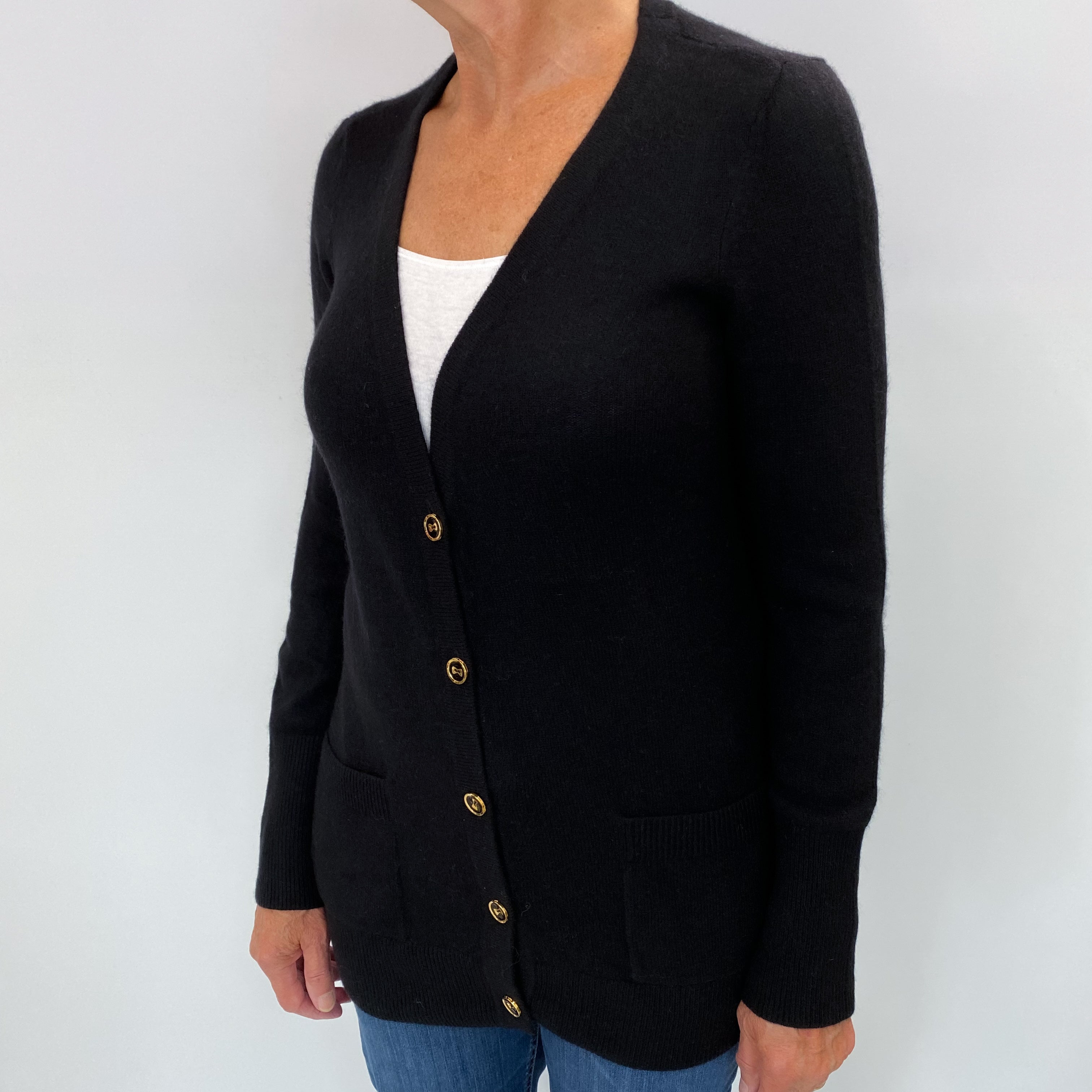 Black Cashmere V Neck Cardigan Medium
