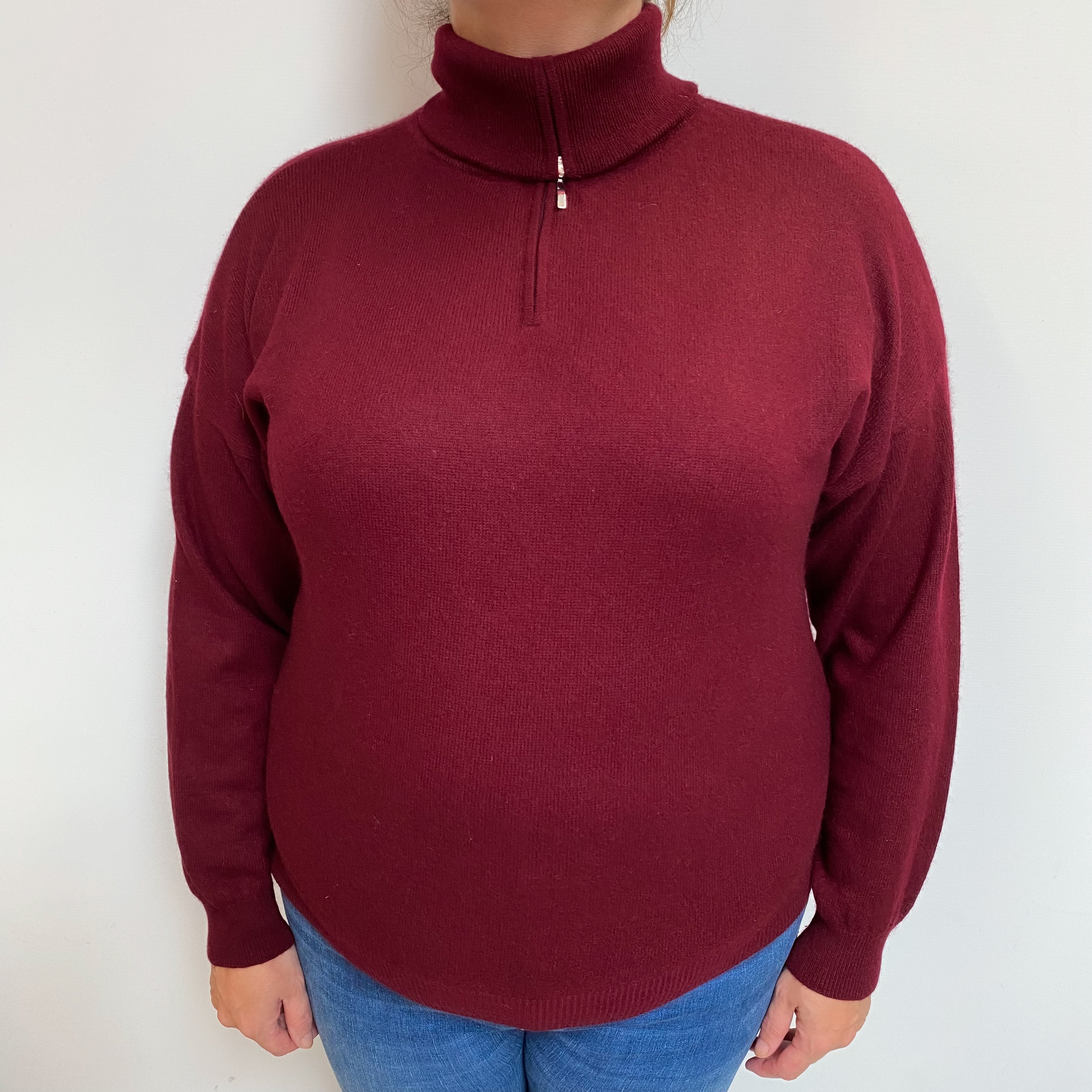 Burgundy Red Cashmere Quarter Zip Collared Polo Neck Jumper Extra Large