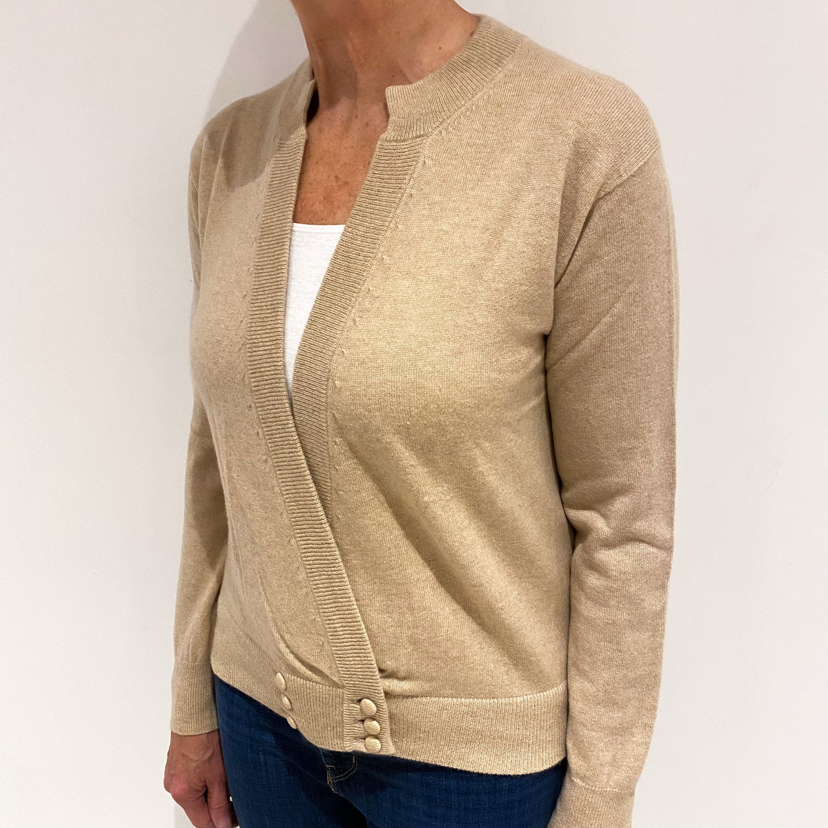Buff Light Brown Cashmere Deep V Neck Cardigan Medium