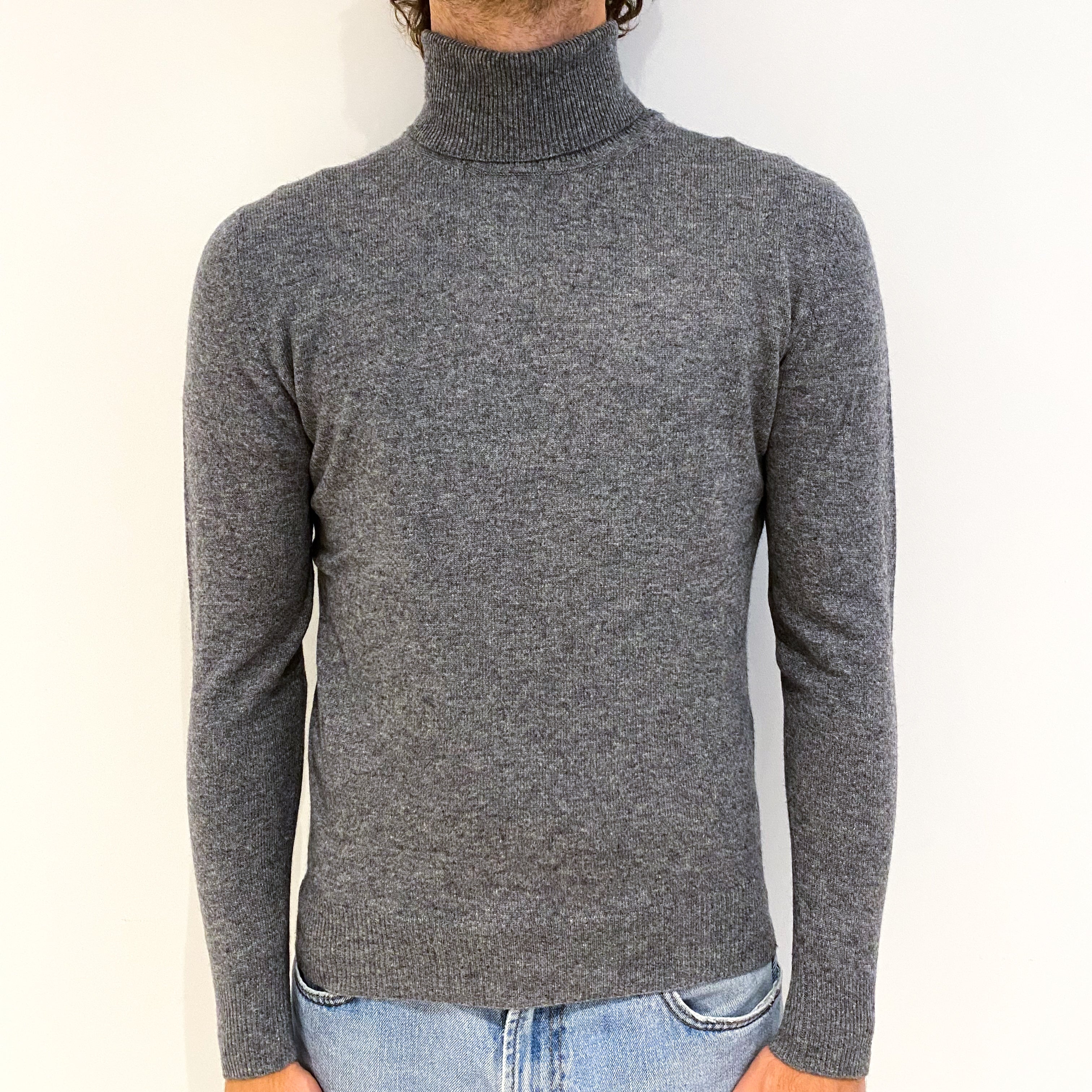 Men's Ash Grey Cashmere Polo Neck Jumper Medium