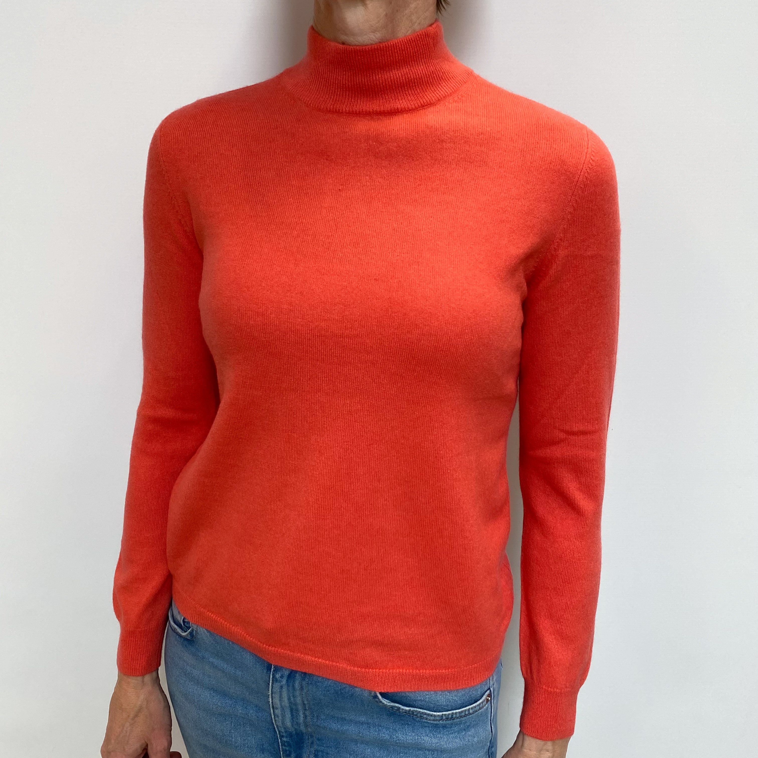 Deep Coral Pink Cashmere Turtle Neck Jumper Small