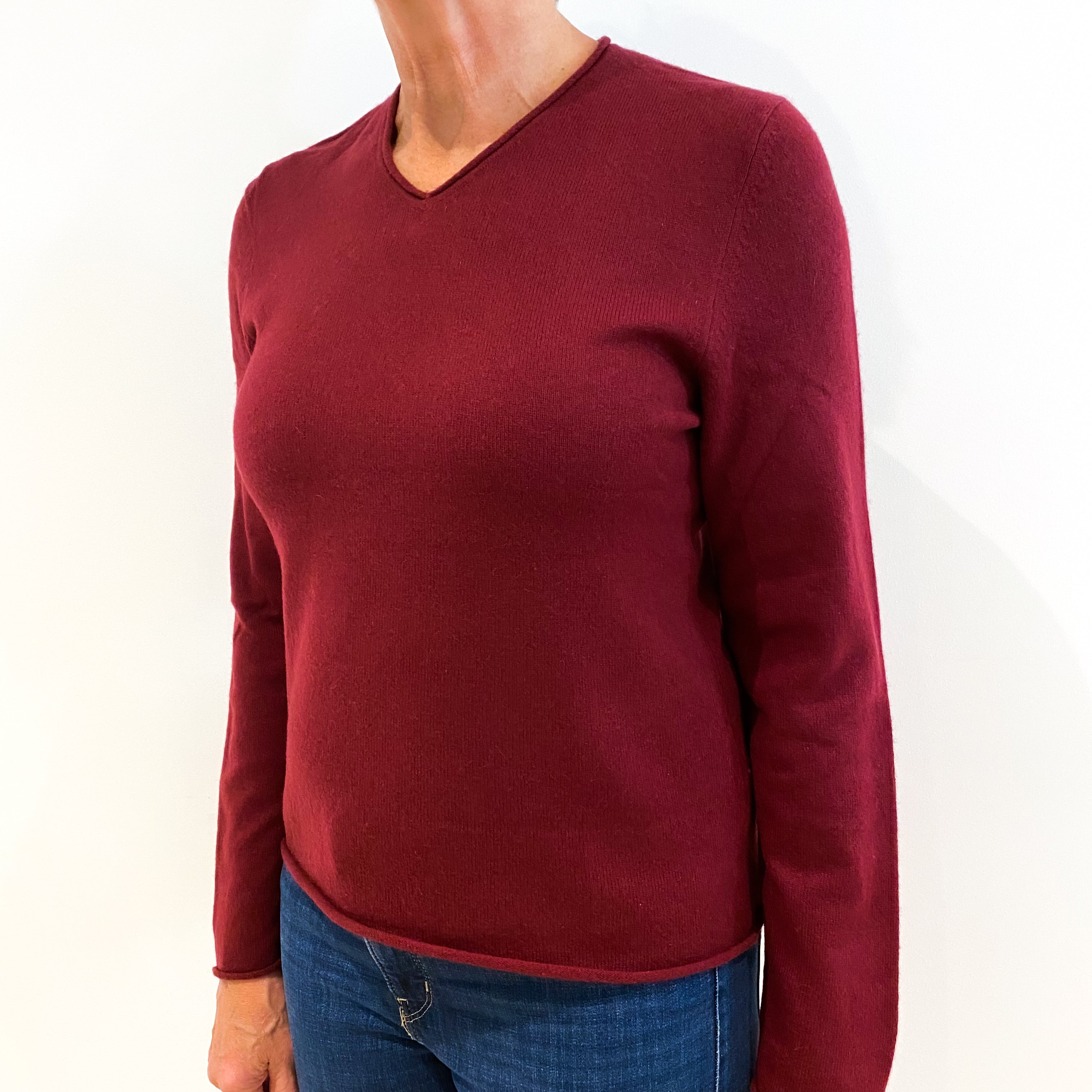Burgundy Red Cashmere V-Neck Jumper Medium