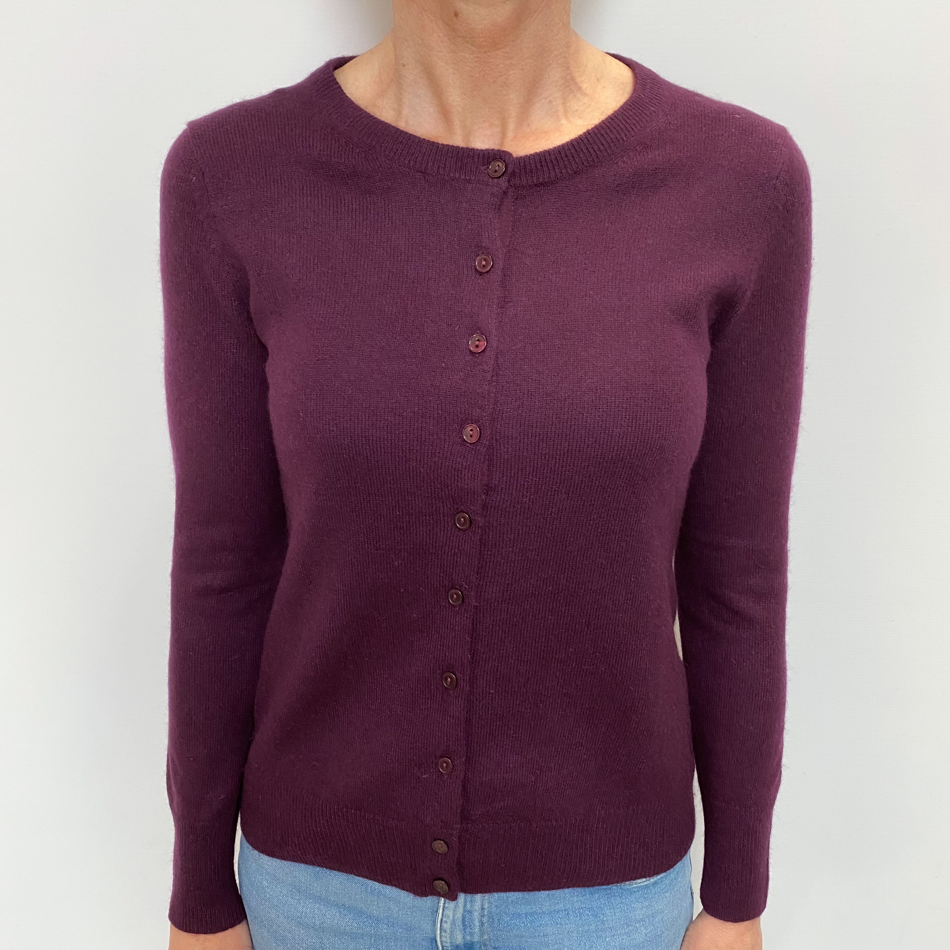 Aubergine Purple Cashmere Crew Neck Cardigan Small