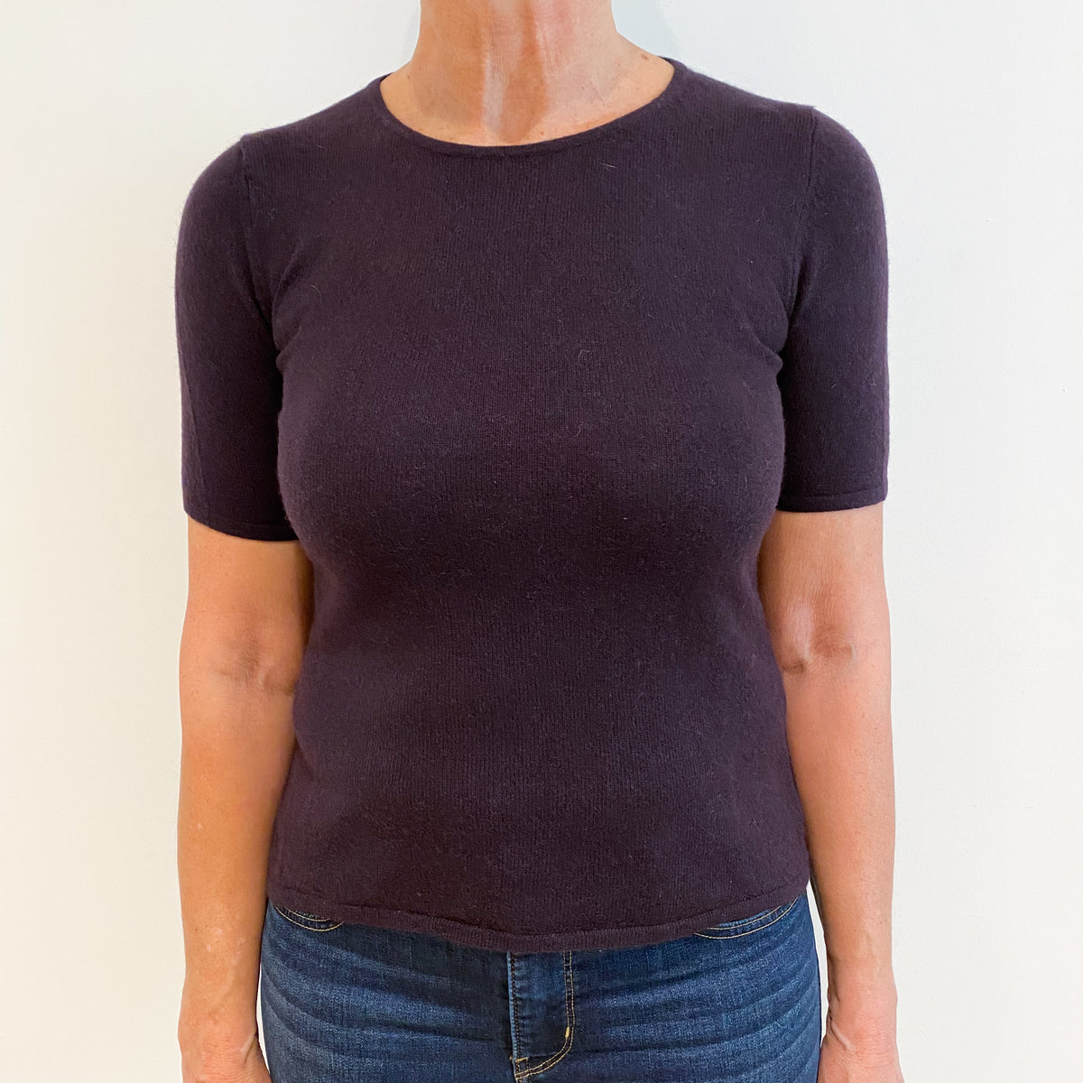 Deepest Purple Cashmere Short Sleeve Crew Neck Jumper Medium