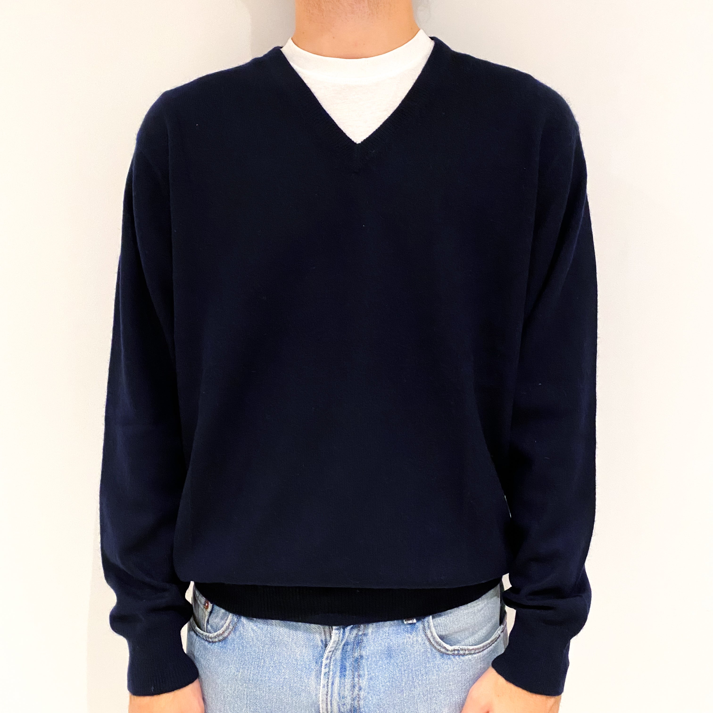 Men's Navy Blue Cashmere V-Neck Jumper Large