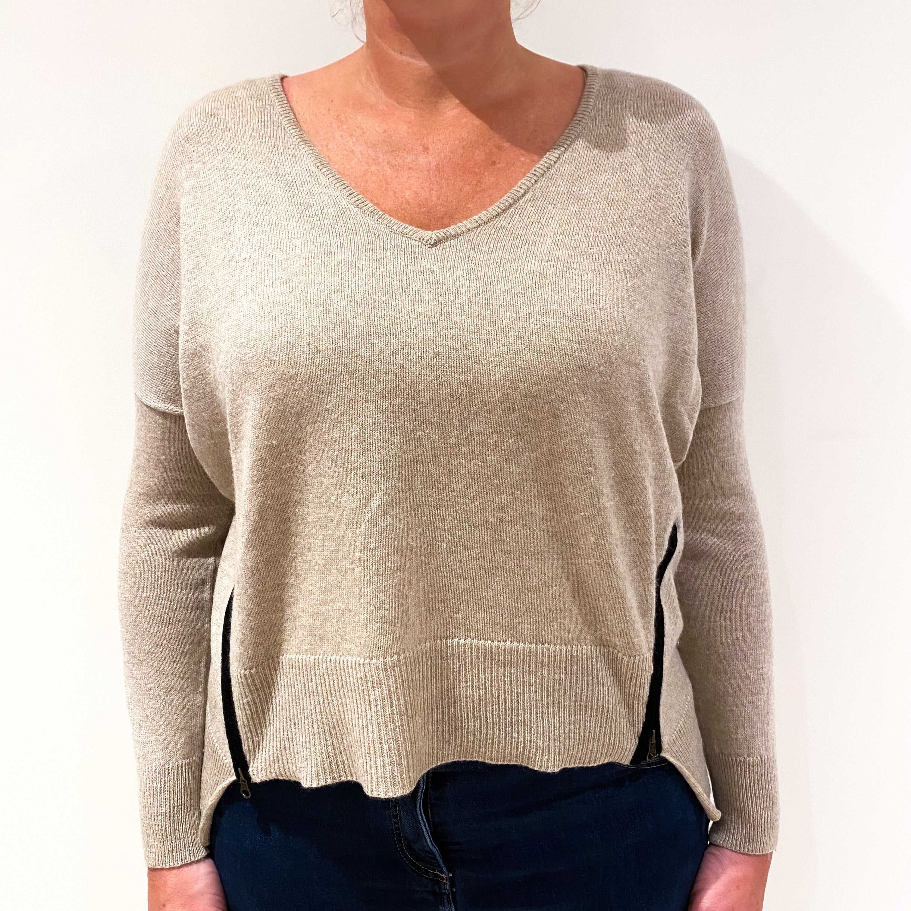 Mist Grey Side Zips Cashmere V-Neck Jumper Large