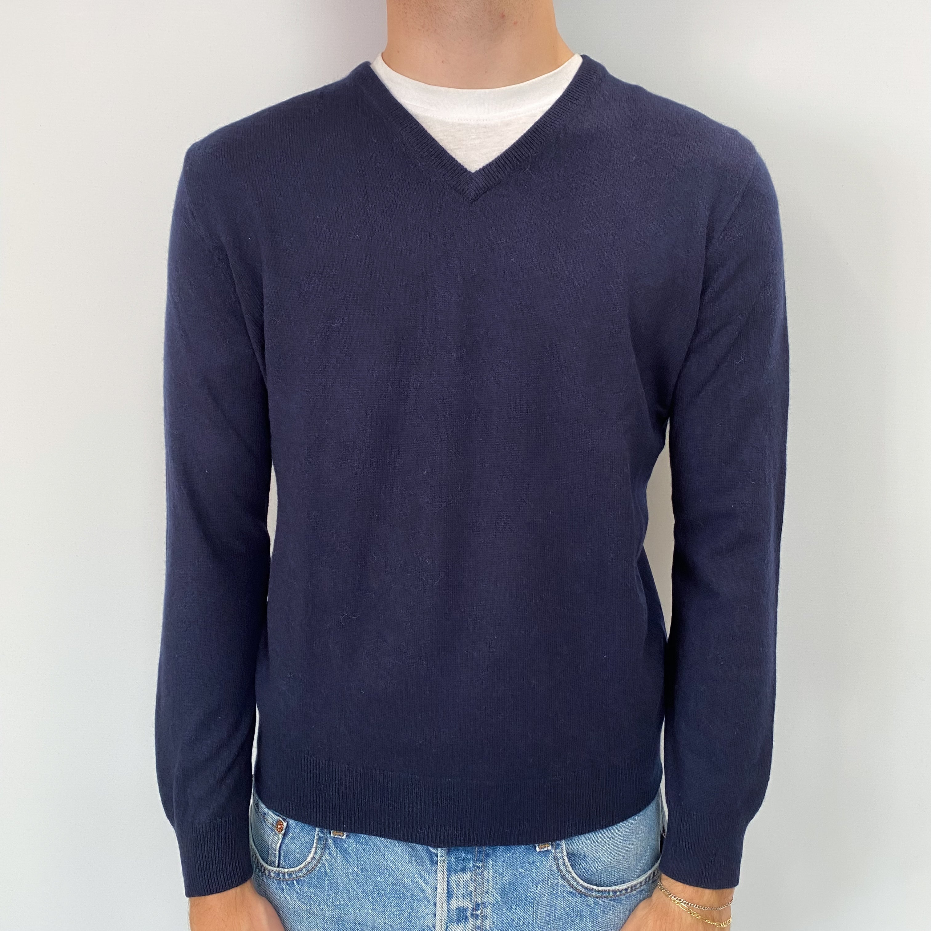 Men's Navy Cashmere V Neck Jumper Medium