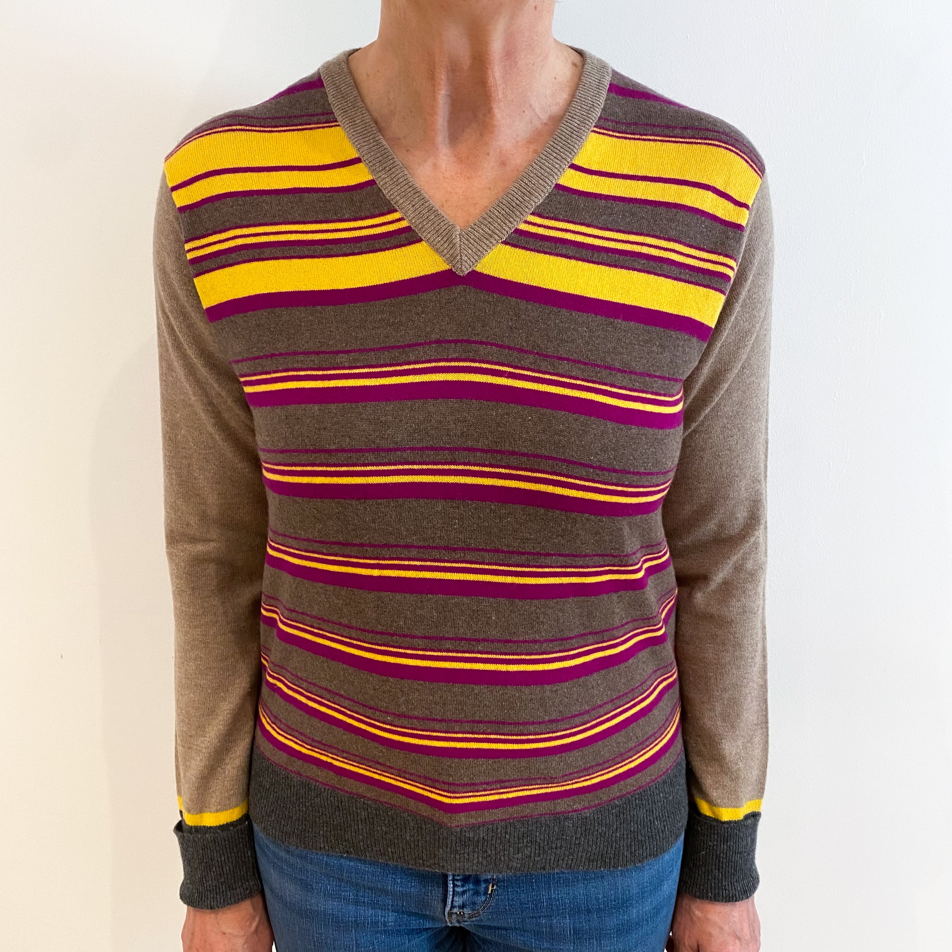 Mirco Termamini Mocha, Magenta And Yellow Striped Cashmere V Neck Jumper Medium