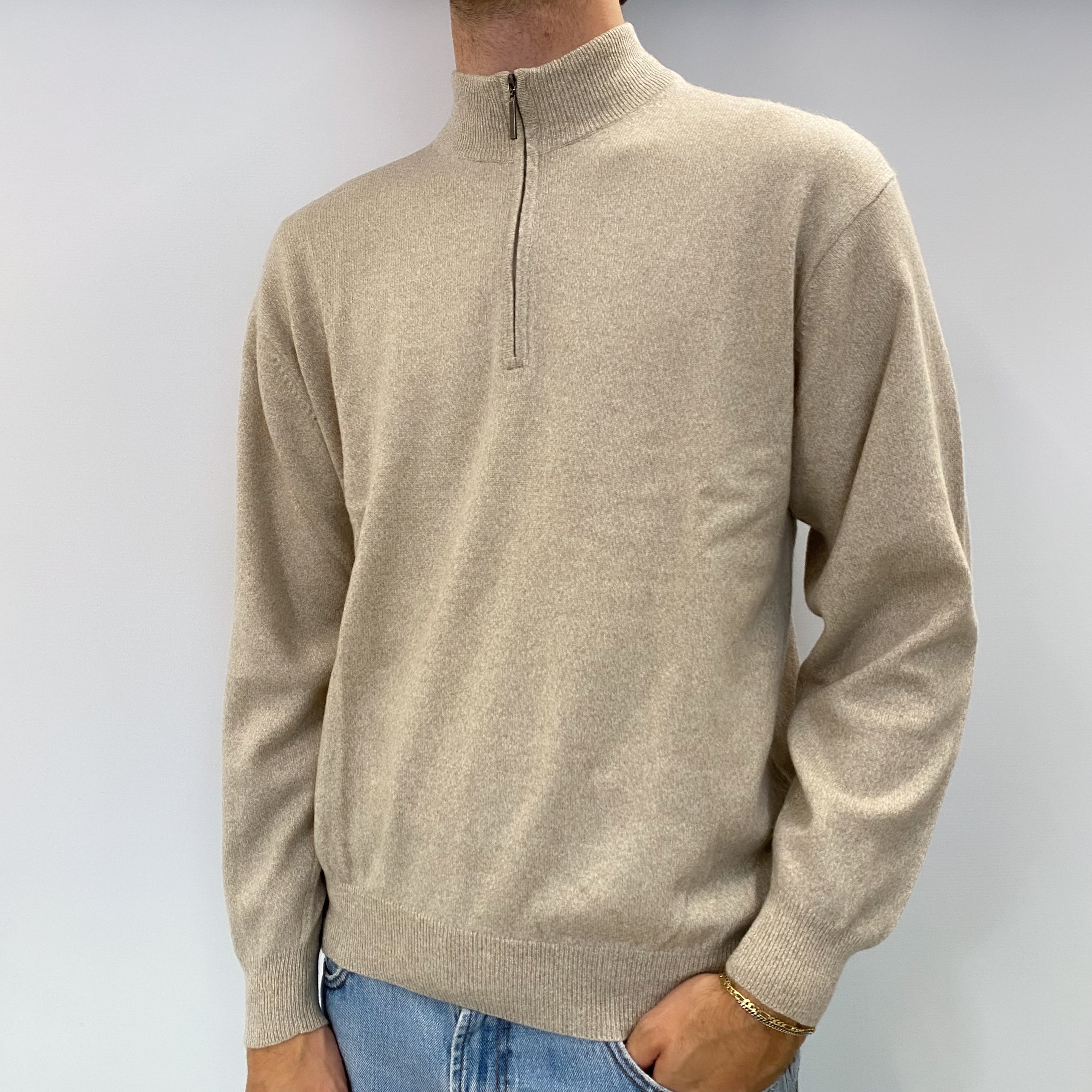 Men's Fawn Beige Cashmere 1/4 Zip Jumper Large