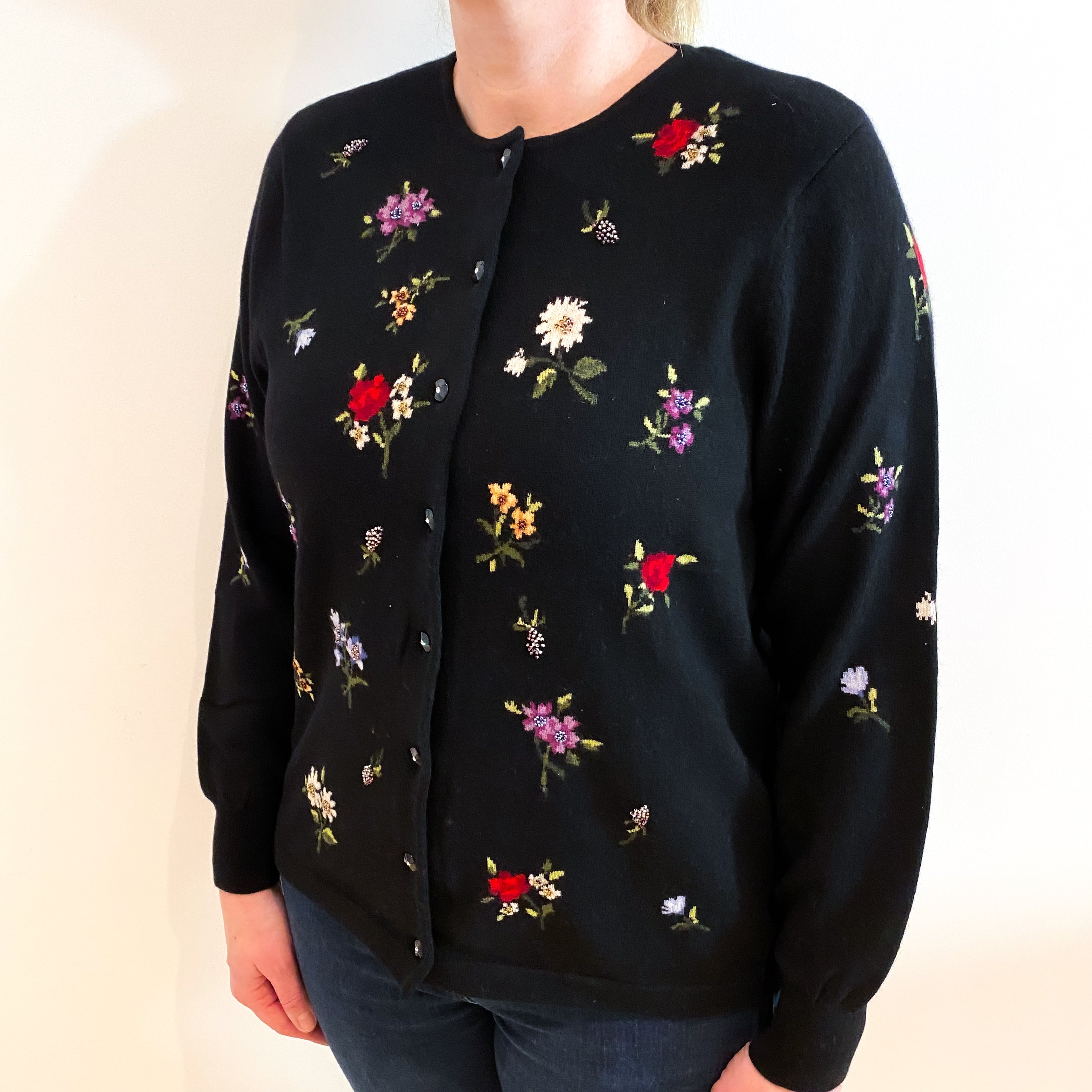 Black Floral Cashmere Crew Neck Cardigan Large