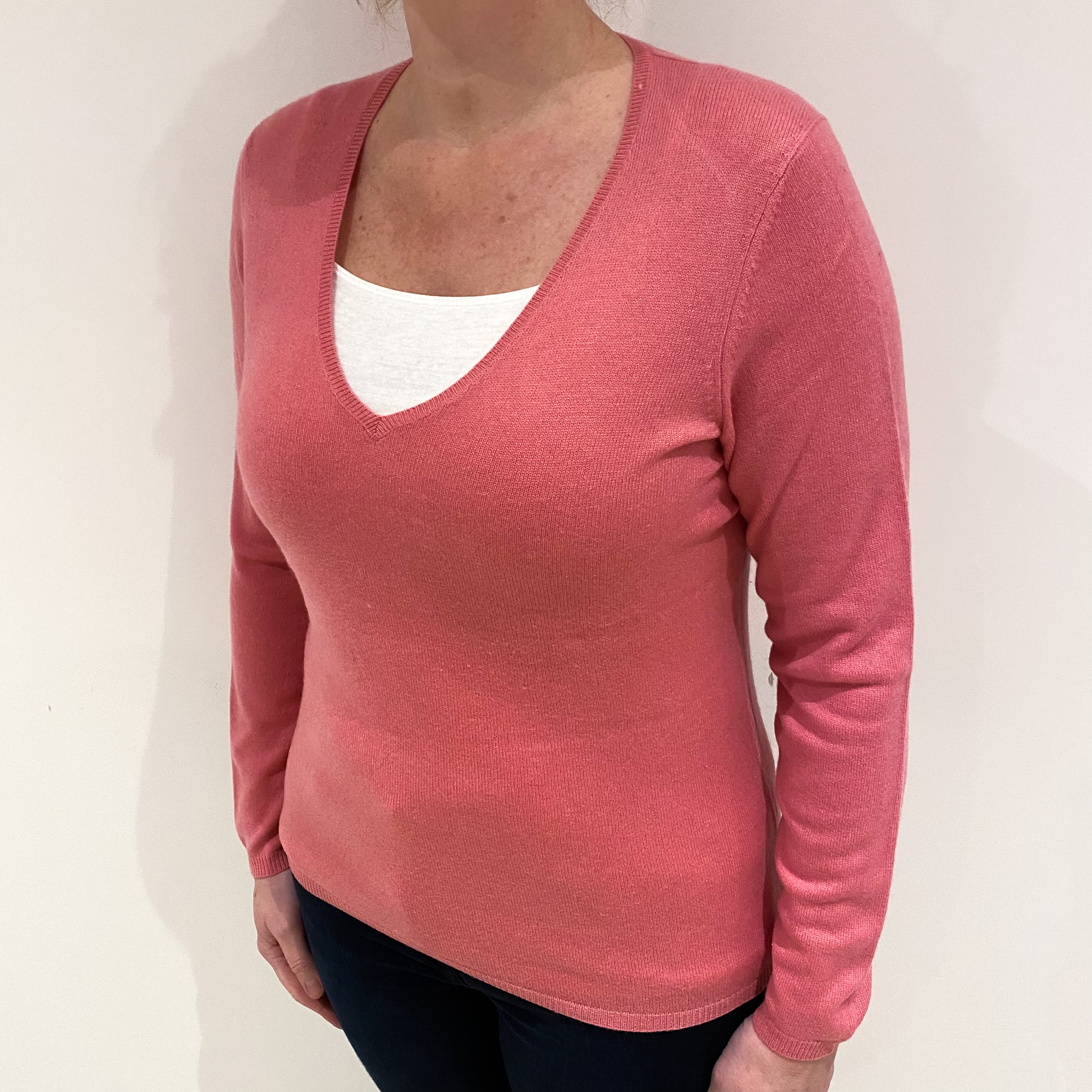 Pale Rose Pink Cashmere V Neck Jumper Large