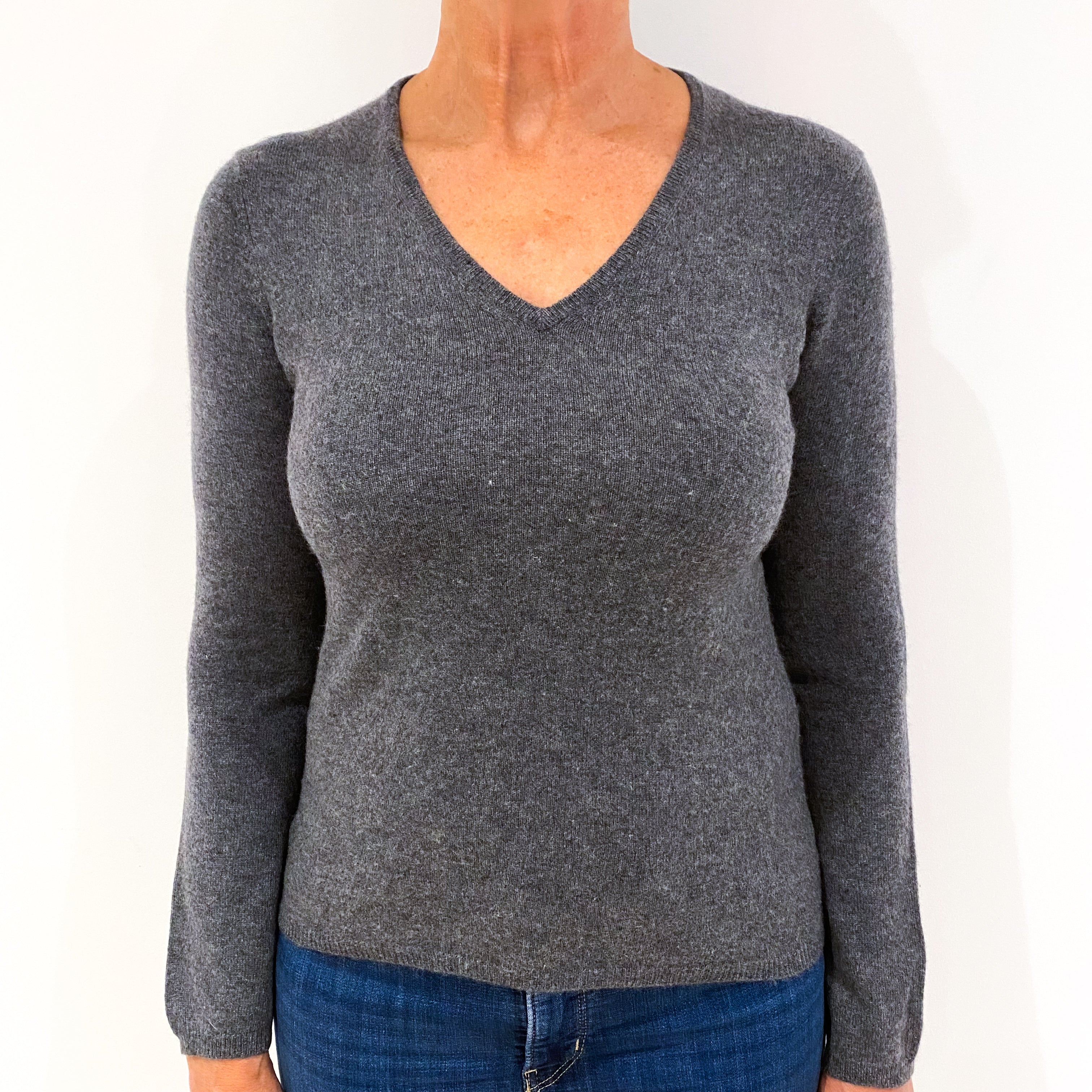 Slate Grey Cashmere V-Neck Jumper Medium