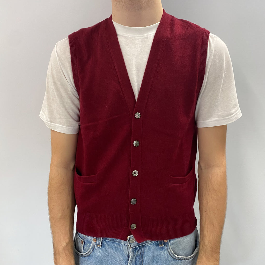 Men's Burgundy Red Cashmere V Neck Sleeveless Cardigan Medium