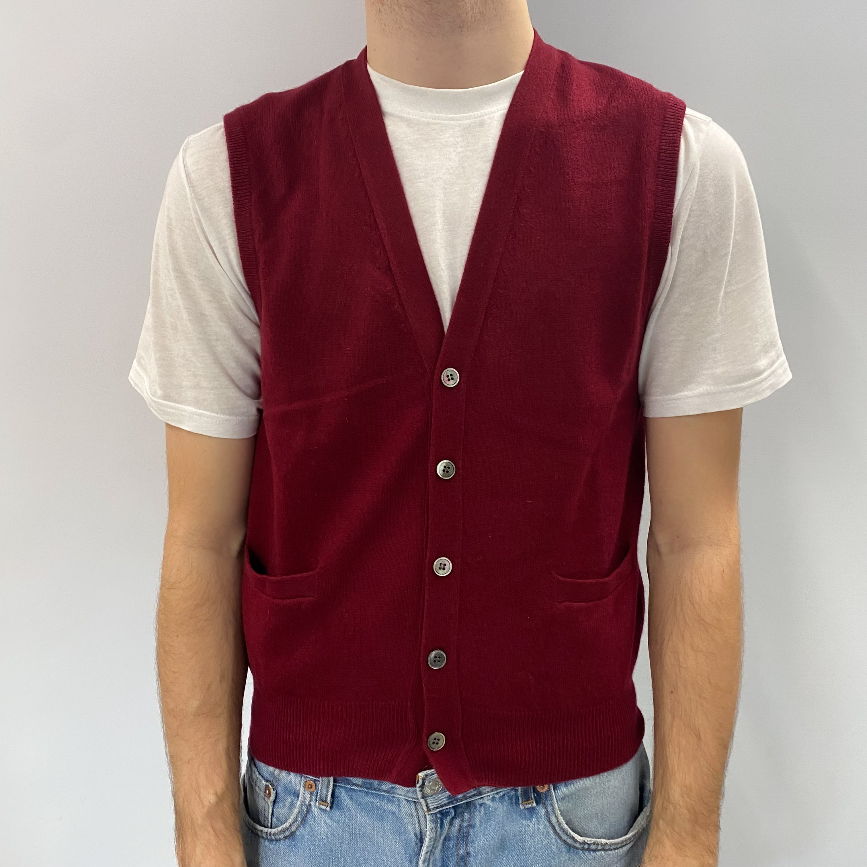 Men's Burgundy Red Cashmere V Neck Sleeveless Cardigan Medium