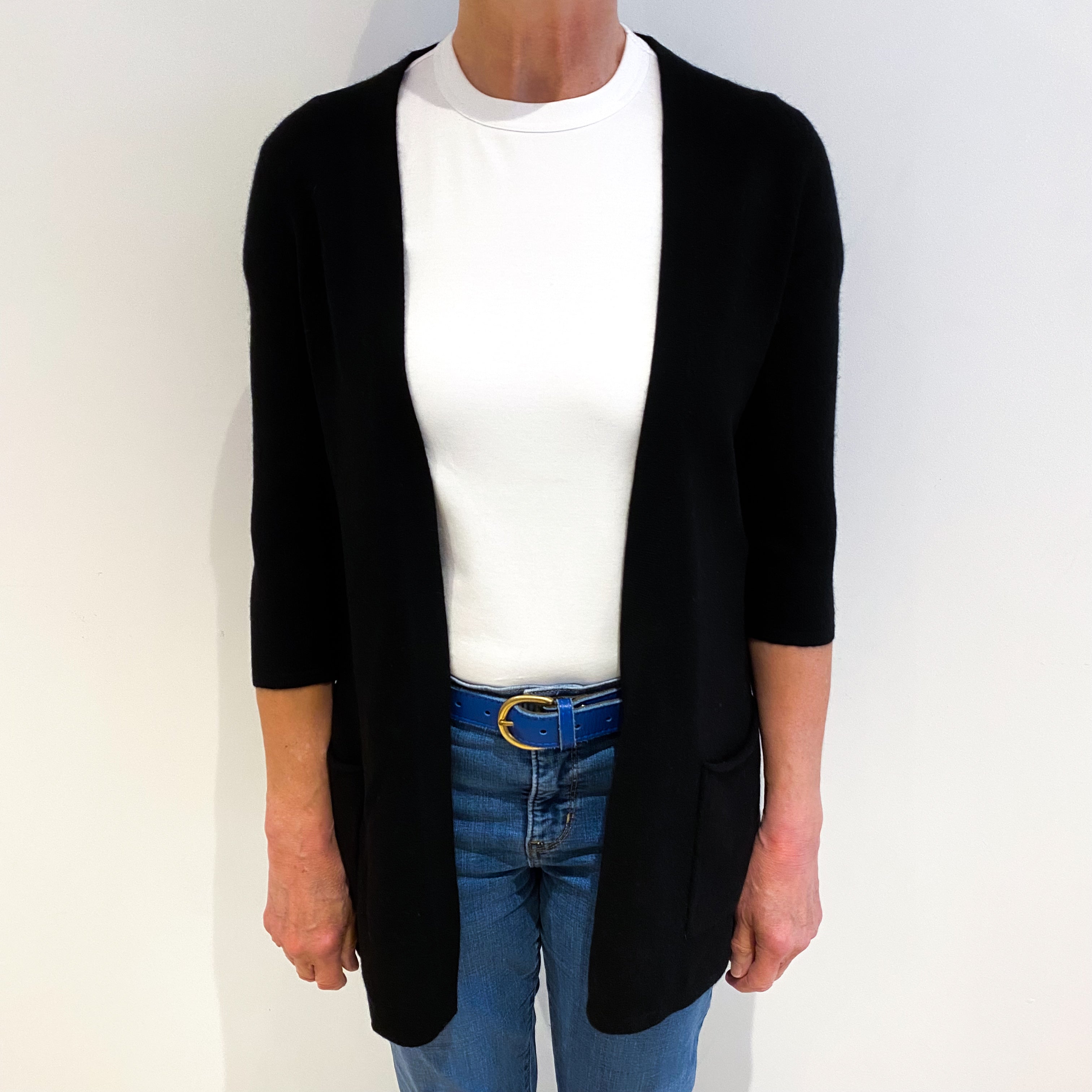 Black Cashmere Edge To Edge Cardigan With Pockets Medium