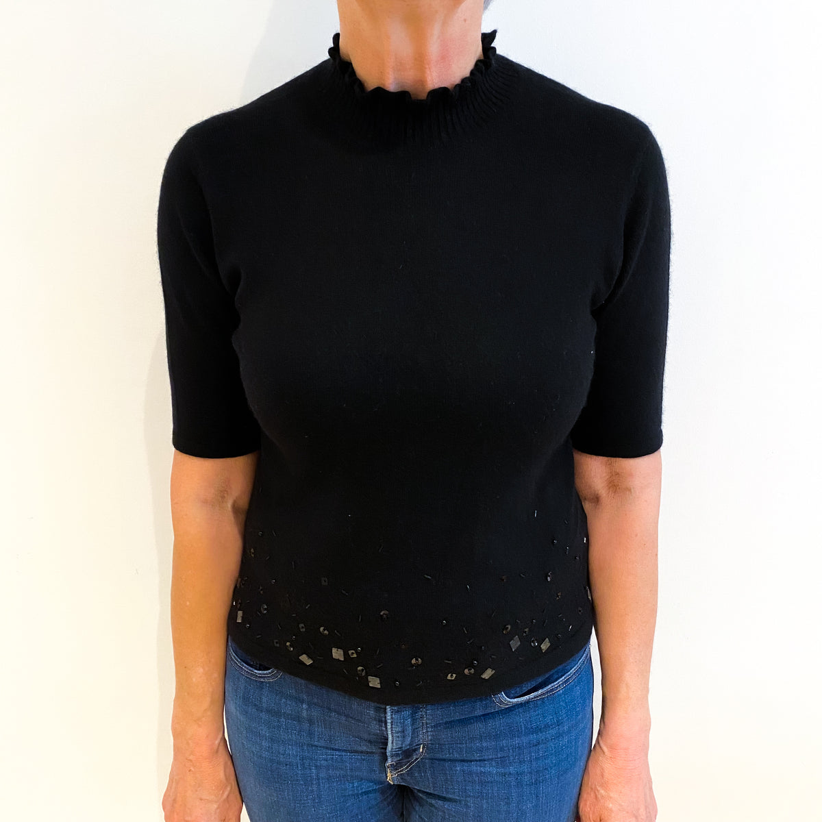 Black Beaded Cashmere Turtle Neck Short Sleeve Jumper Medium