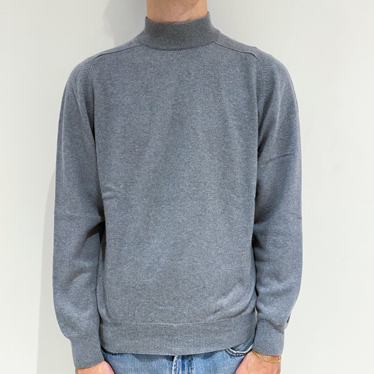 Men's Silver Grey Cashmere Polo Neck Jumper Large