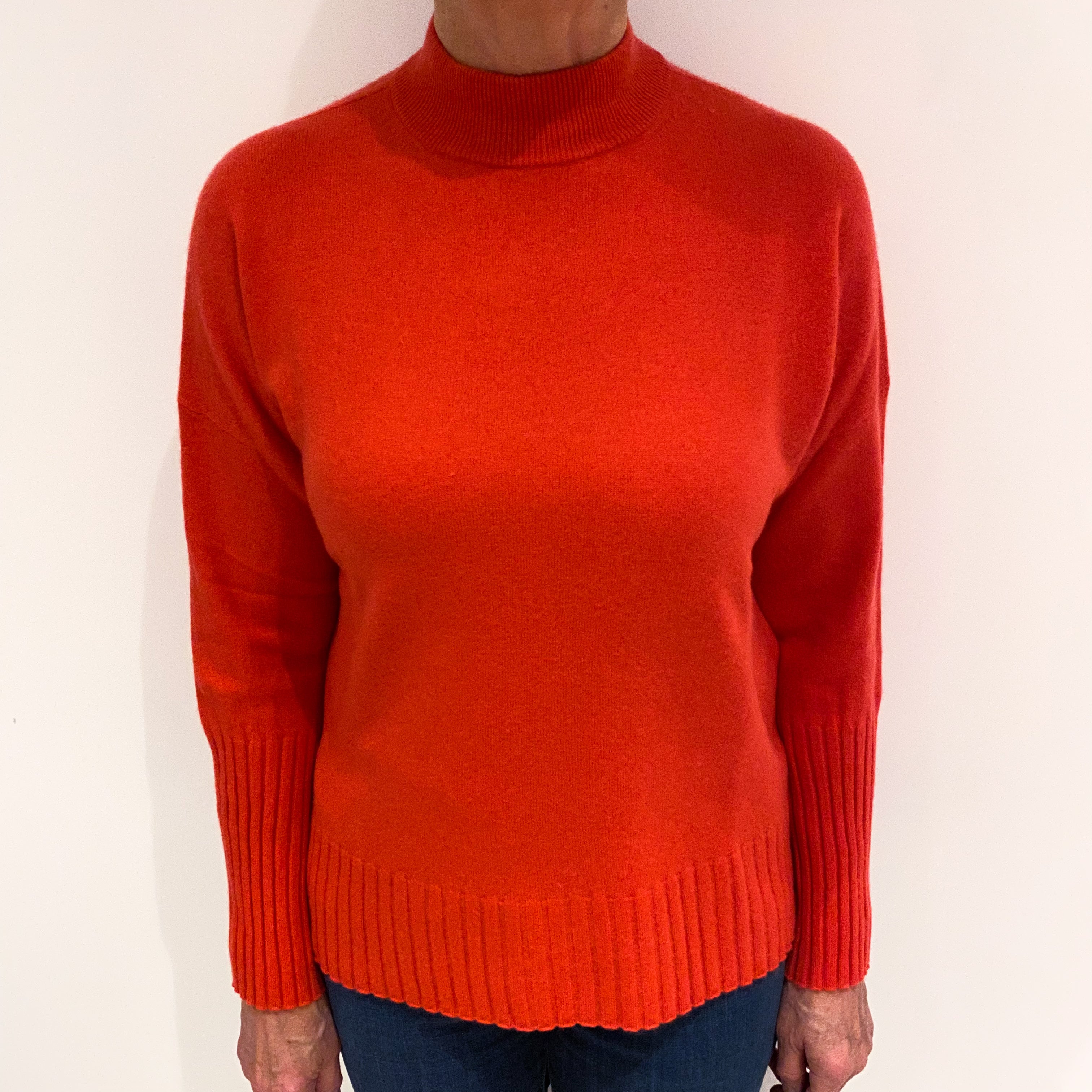 Deep Coral Pink Cashmere Boxy Turtle Neck Jumper Medium