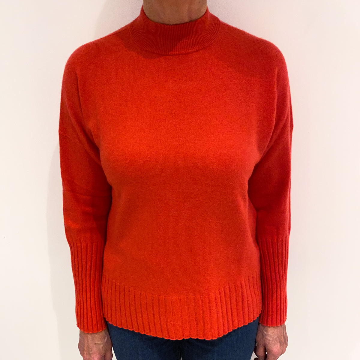 Deep Coral Pink Cashmere Boxy Turtle Neck Jumper Medium