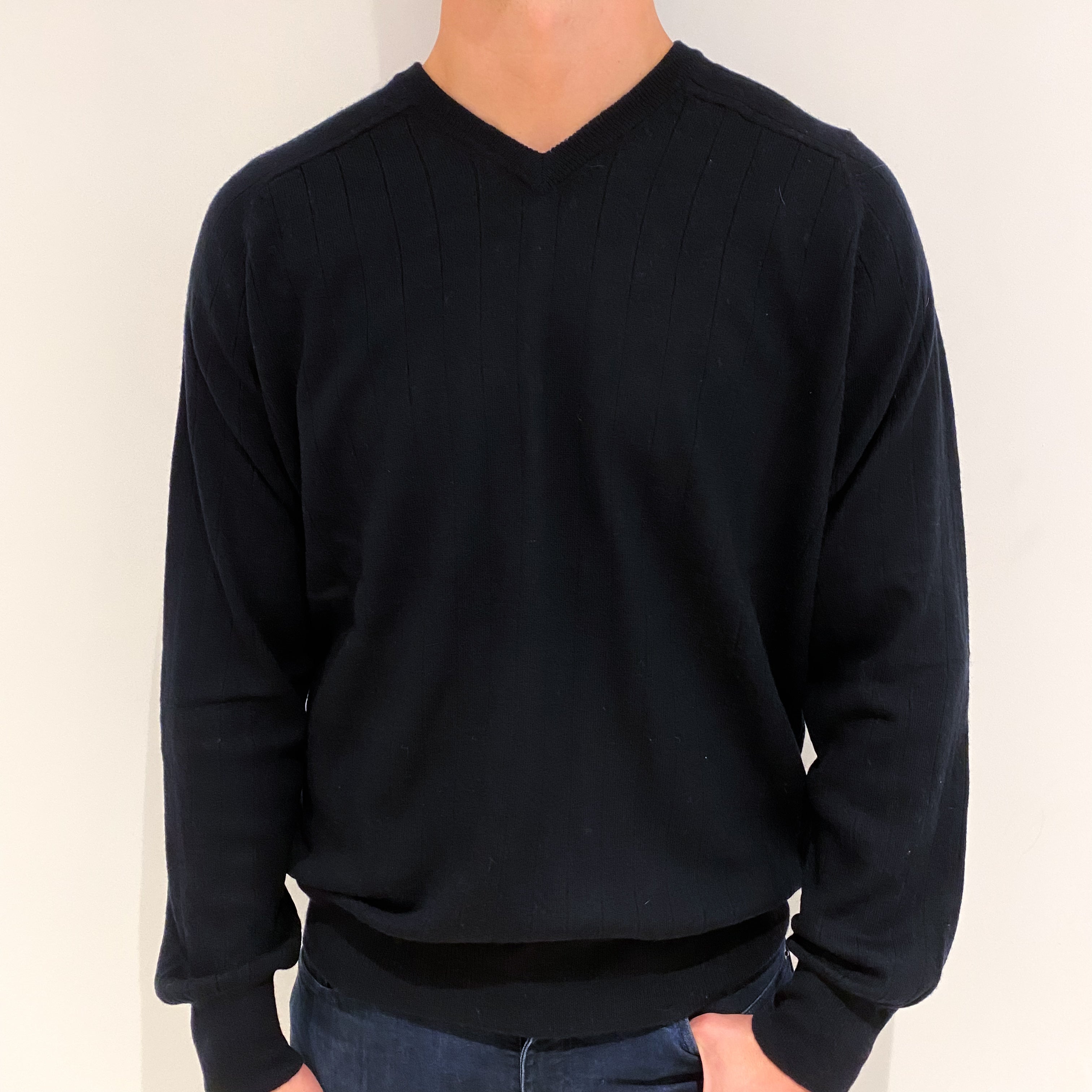 Men's Black Cashmere V-Neck Jumper 3XL