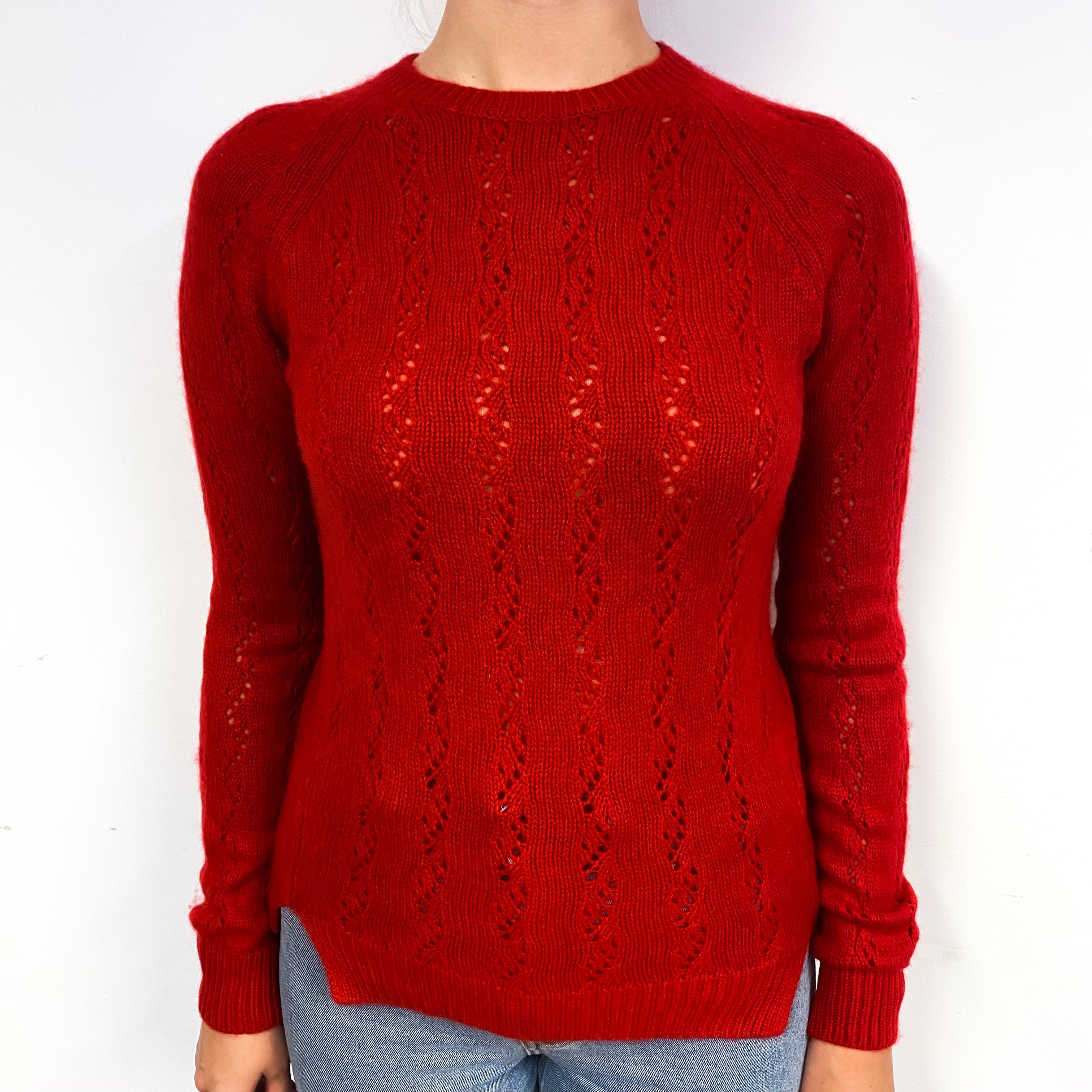 Red Chunky Lace Knit Cashmere Crew Neck Jumper Small