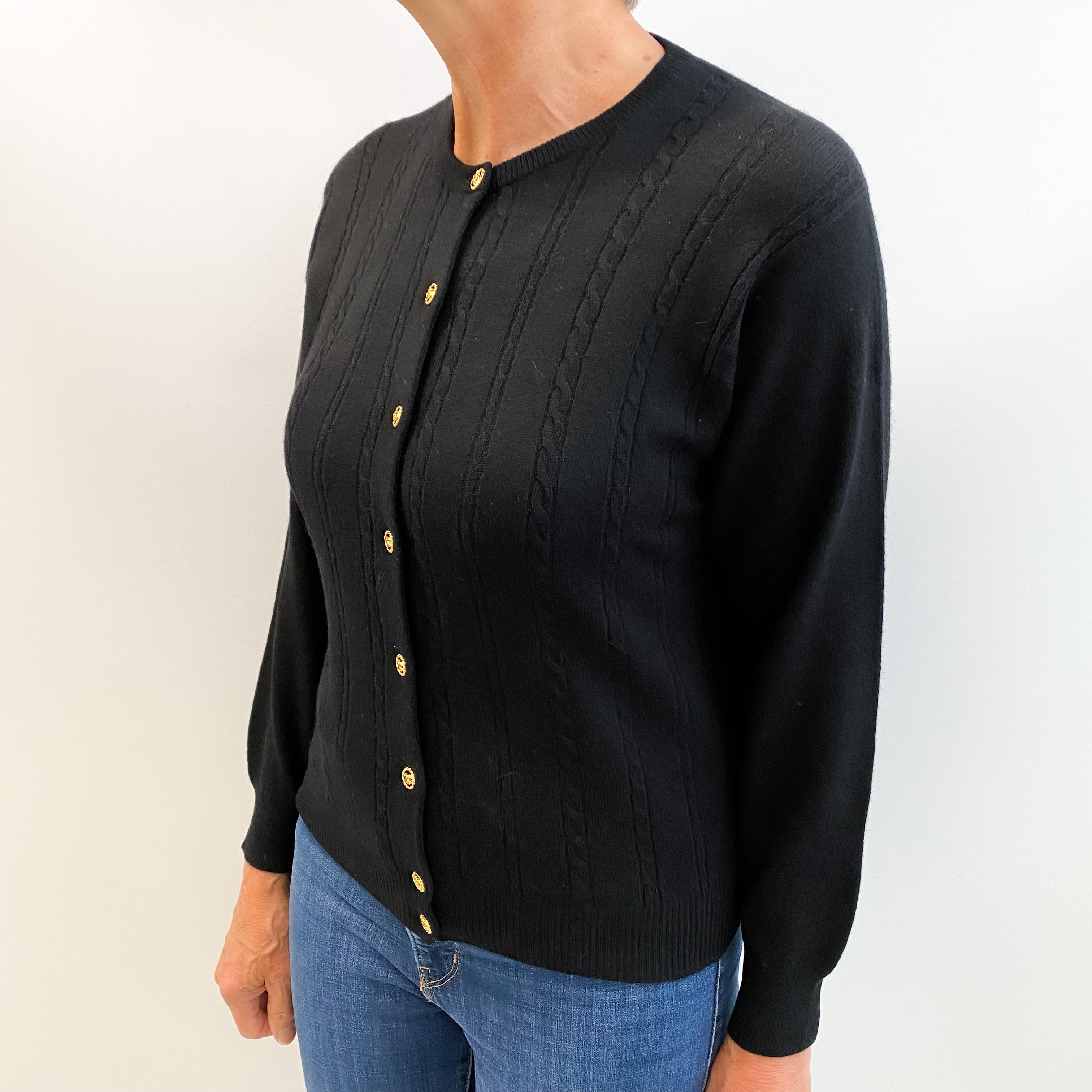 Black Cashmere Crew Neck Cardigan Medium