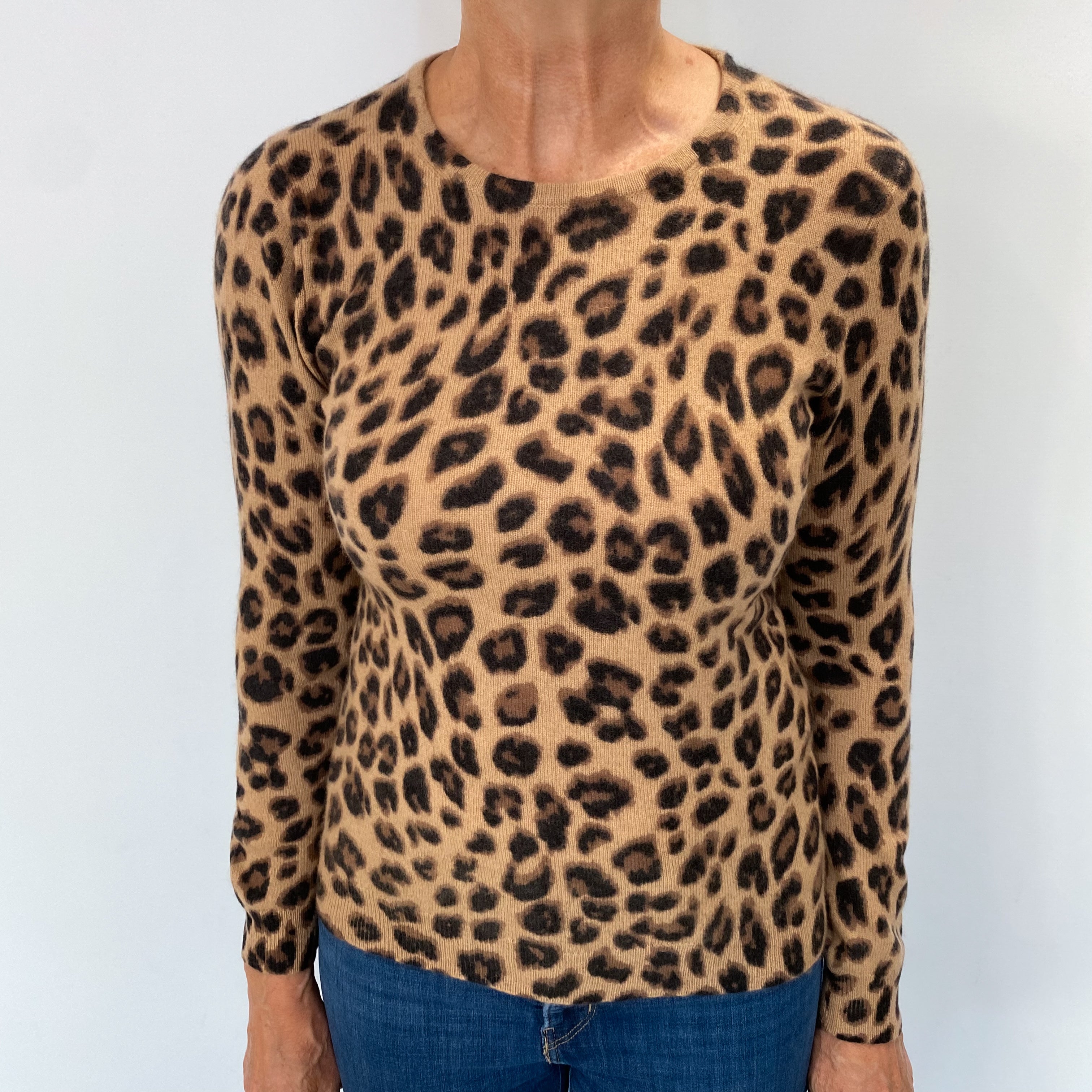 Caramel Brown Leopard Cashmere Crew Neck Jumper Medium