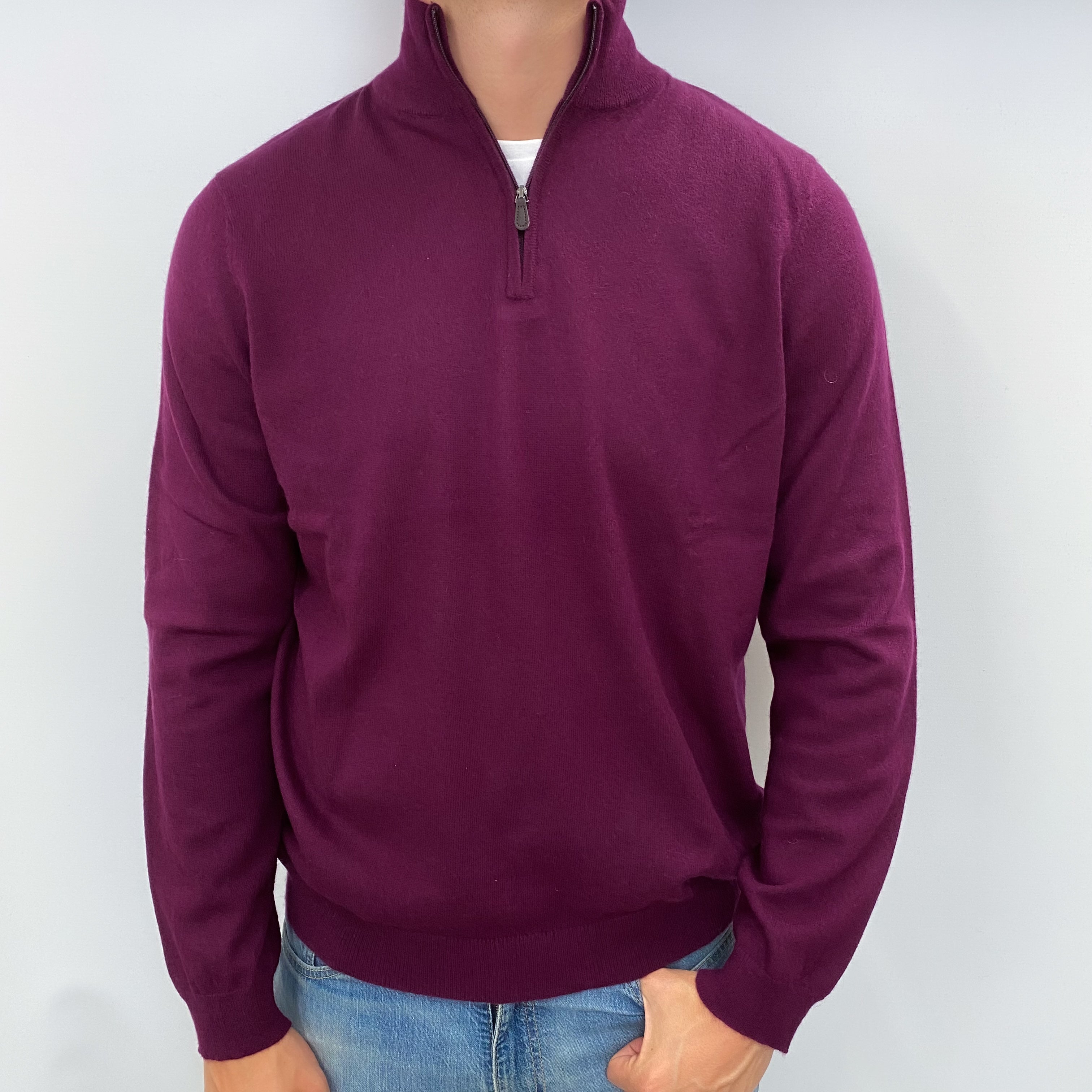 Men's Aubergine Purple Cashmere 1/4 Zip Neck Jumper XXL