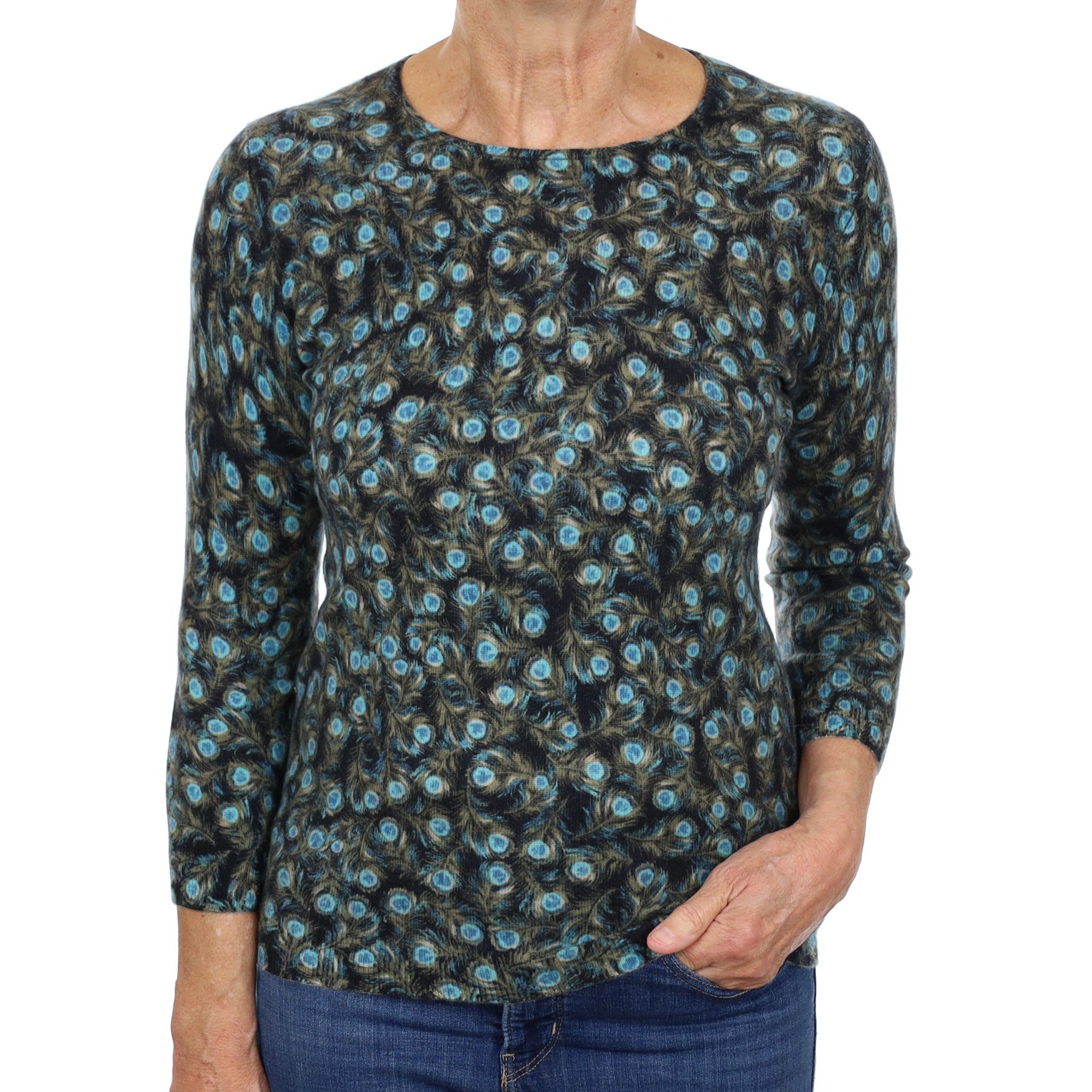 Aqua Blue Peacock Patterned Cashmere Crew Neck Jumper Medium