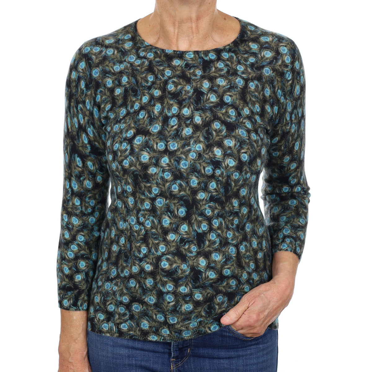 Aqua Blue Peacock Patterned Cashmere Crew Neck Jumper Medium