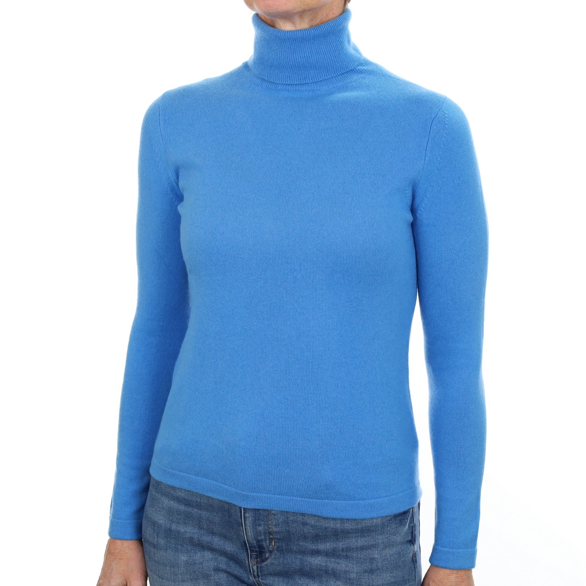 Mediterranean Blue Cashmere Polo Neck Jumper Small