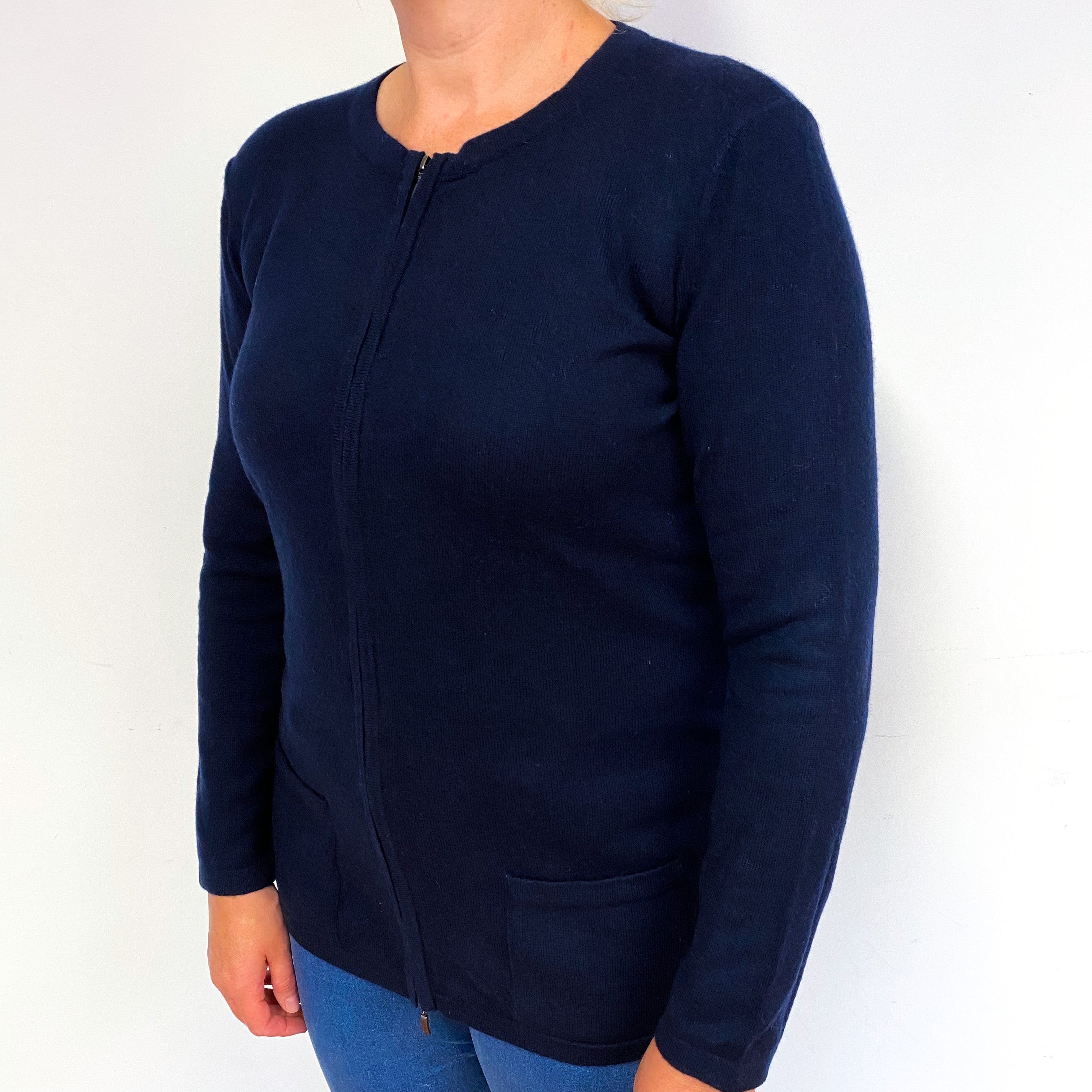 Dark Navy Cashmere Zip Front Cardigan with Pockets Large