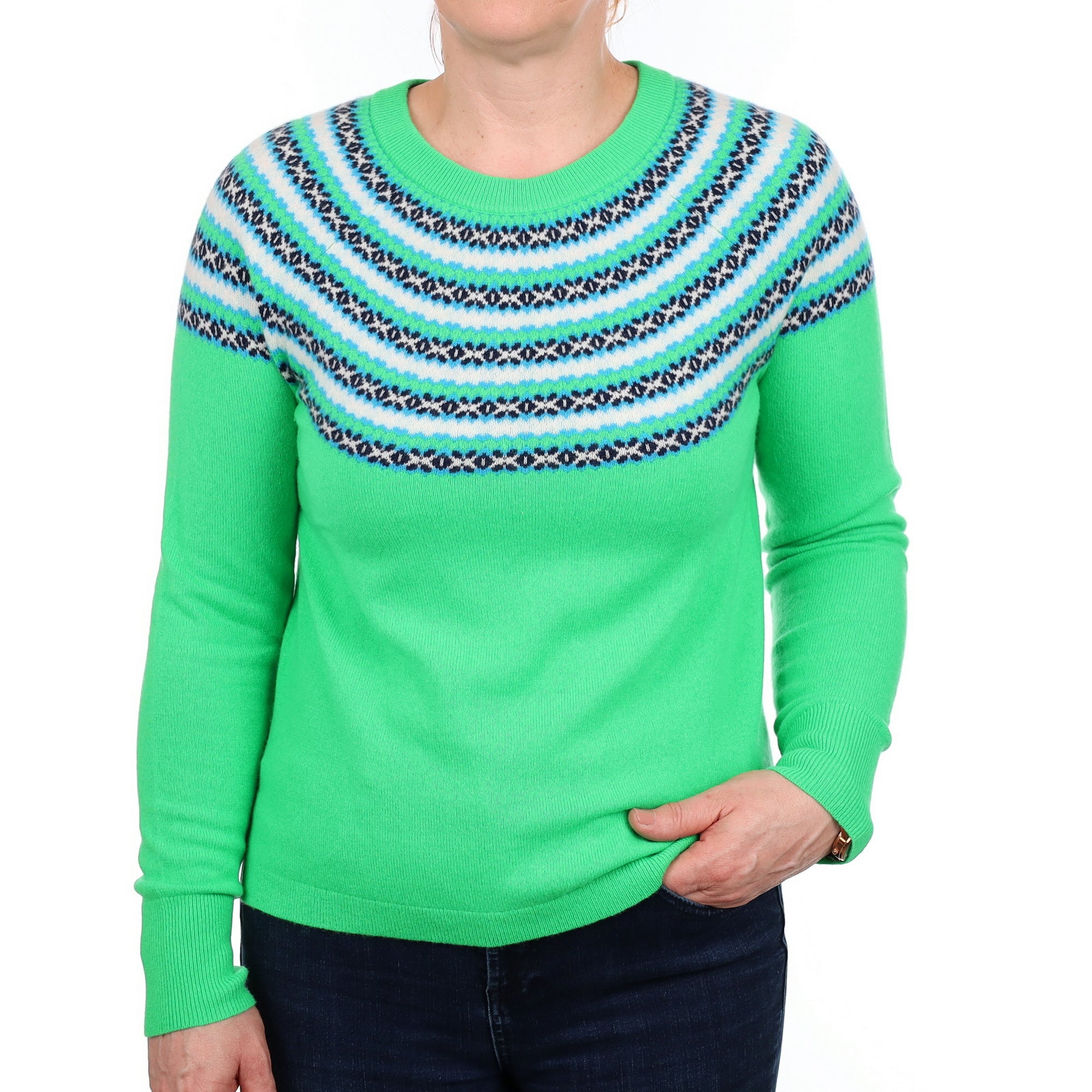 Neon Green Fair Isle Cashmere Crew Neck Jumper Medium