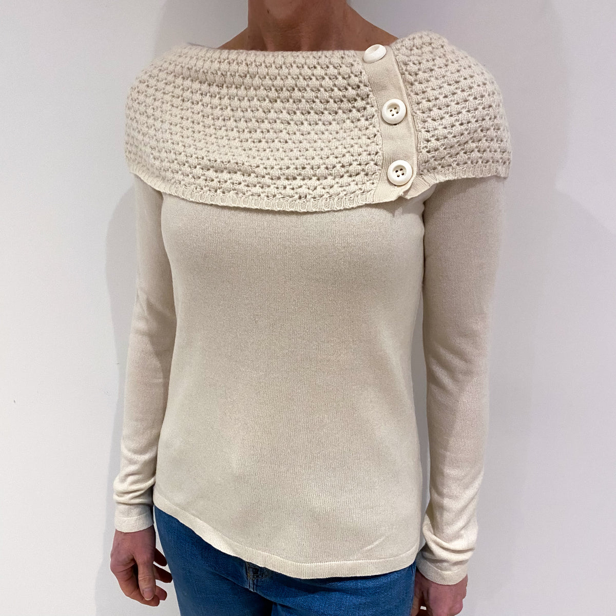 Ivory Textured Collar Cashmere Off Shoulder Jumper Small