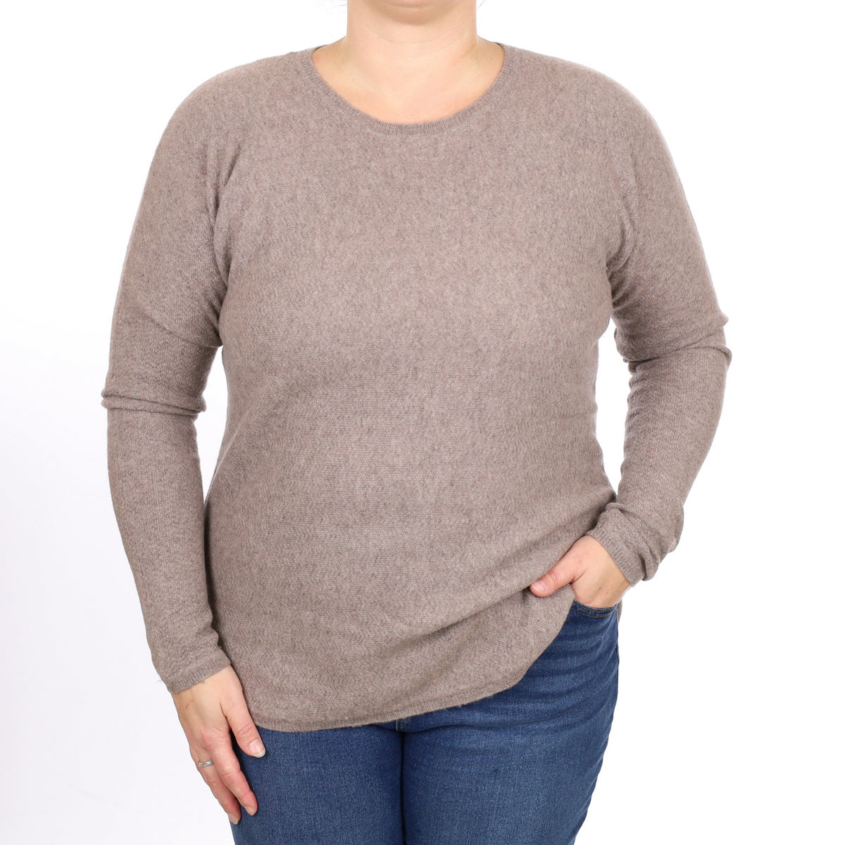 Mink Brown Textured Cashmere Batwing Crew Neck Jumper Large