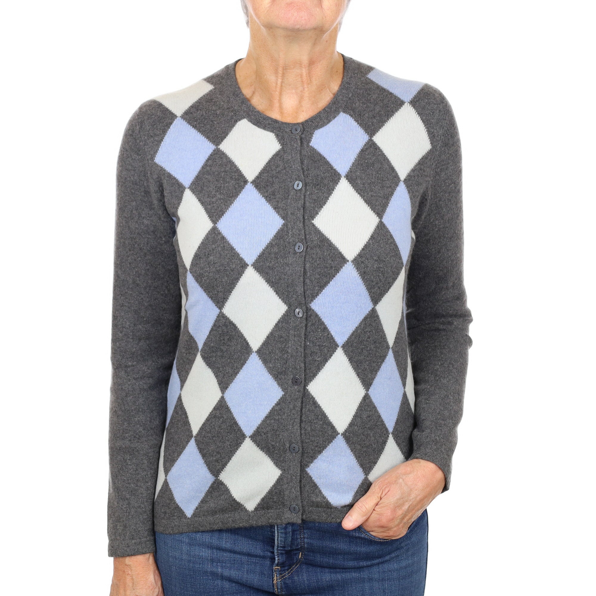 Ash Grey Argyle Cashmere Crew Neck Cardigan Medium