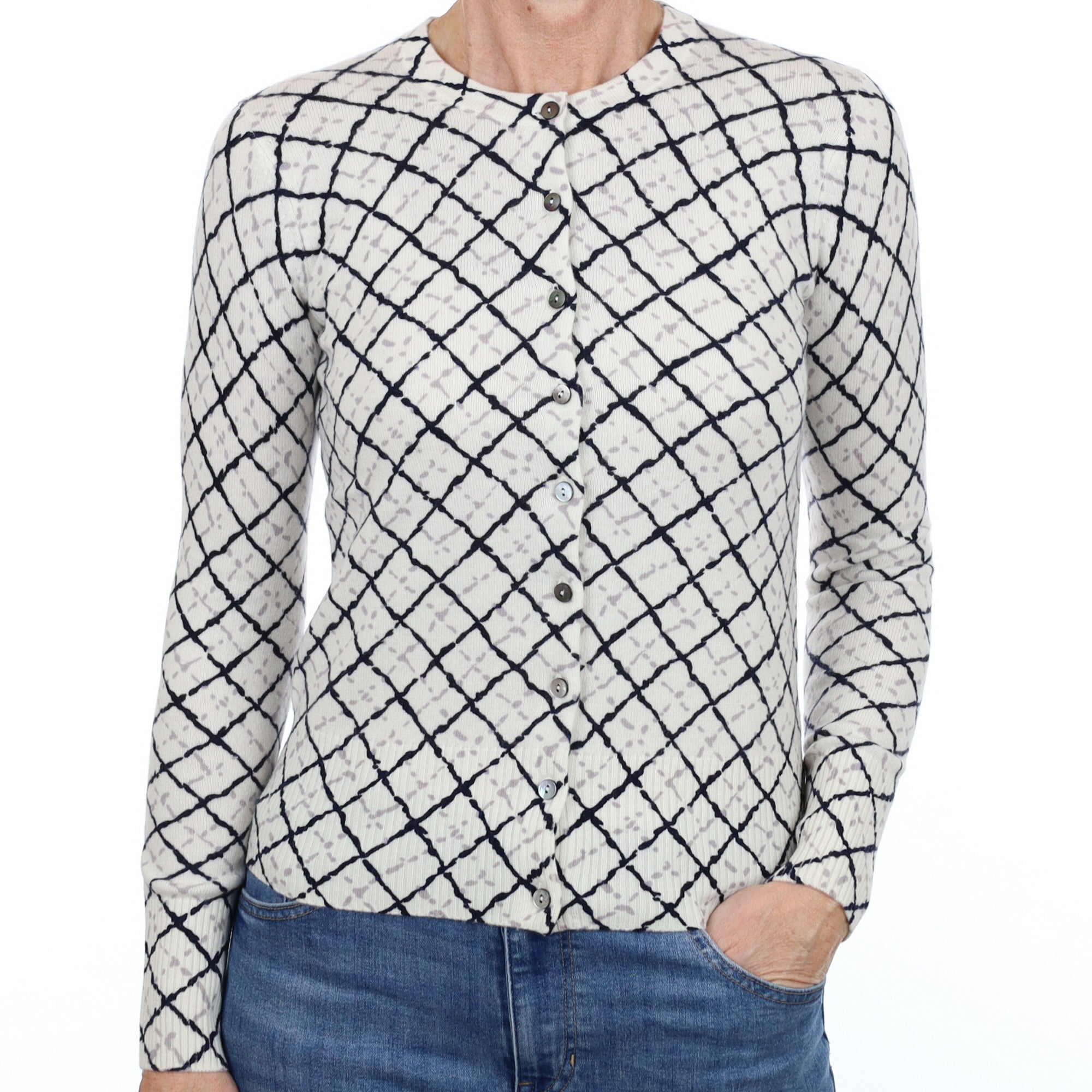 New Cream and Black Patterned Cashmere Crew Neck Cardigan Small