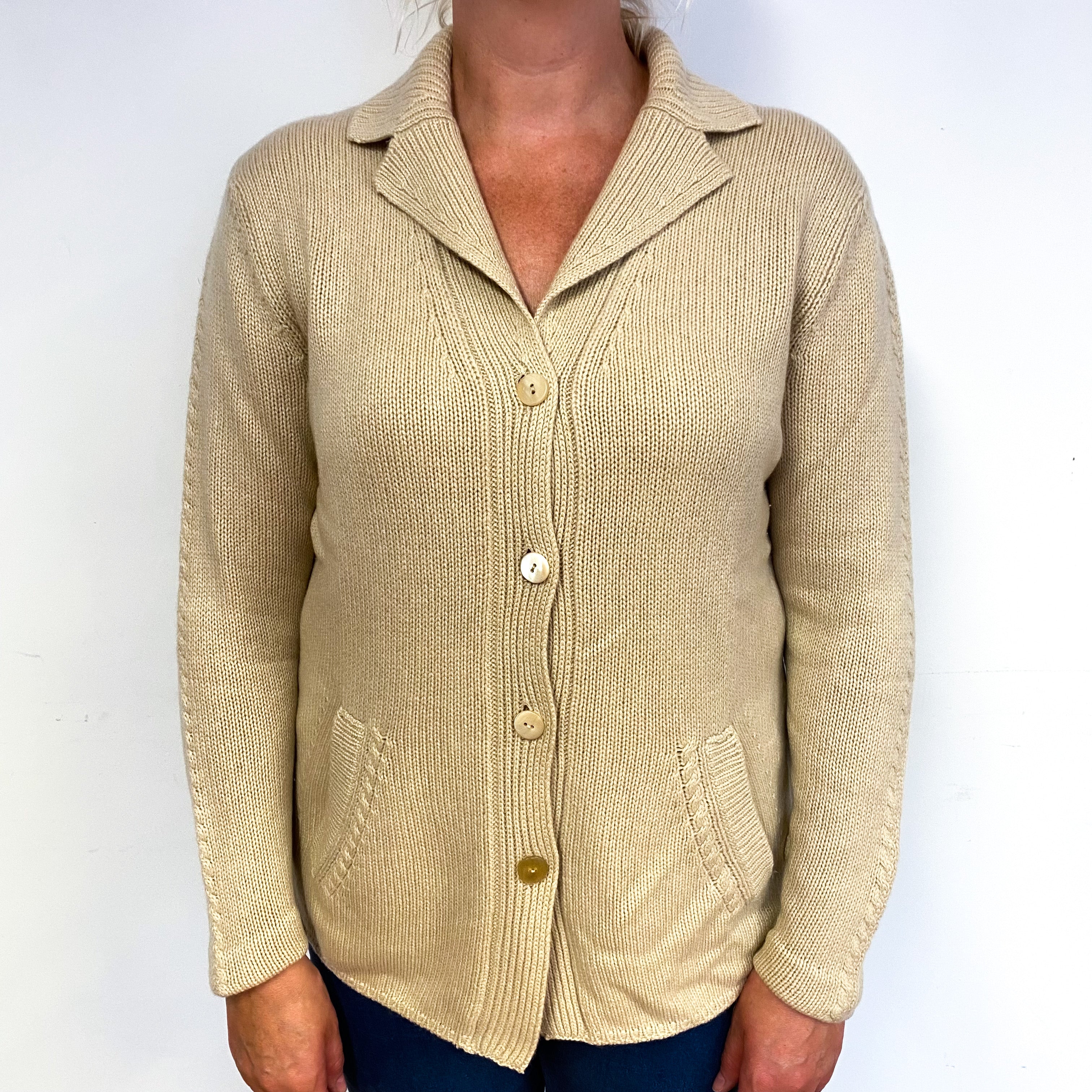 Italian Beige Chunky Cashmere Collared Cardigan Large