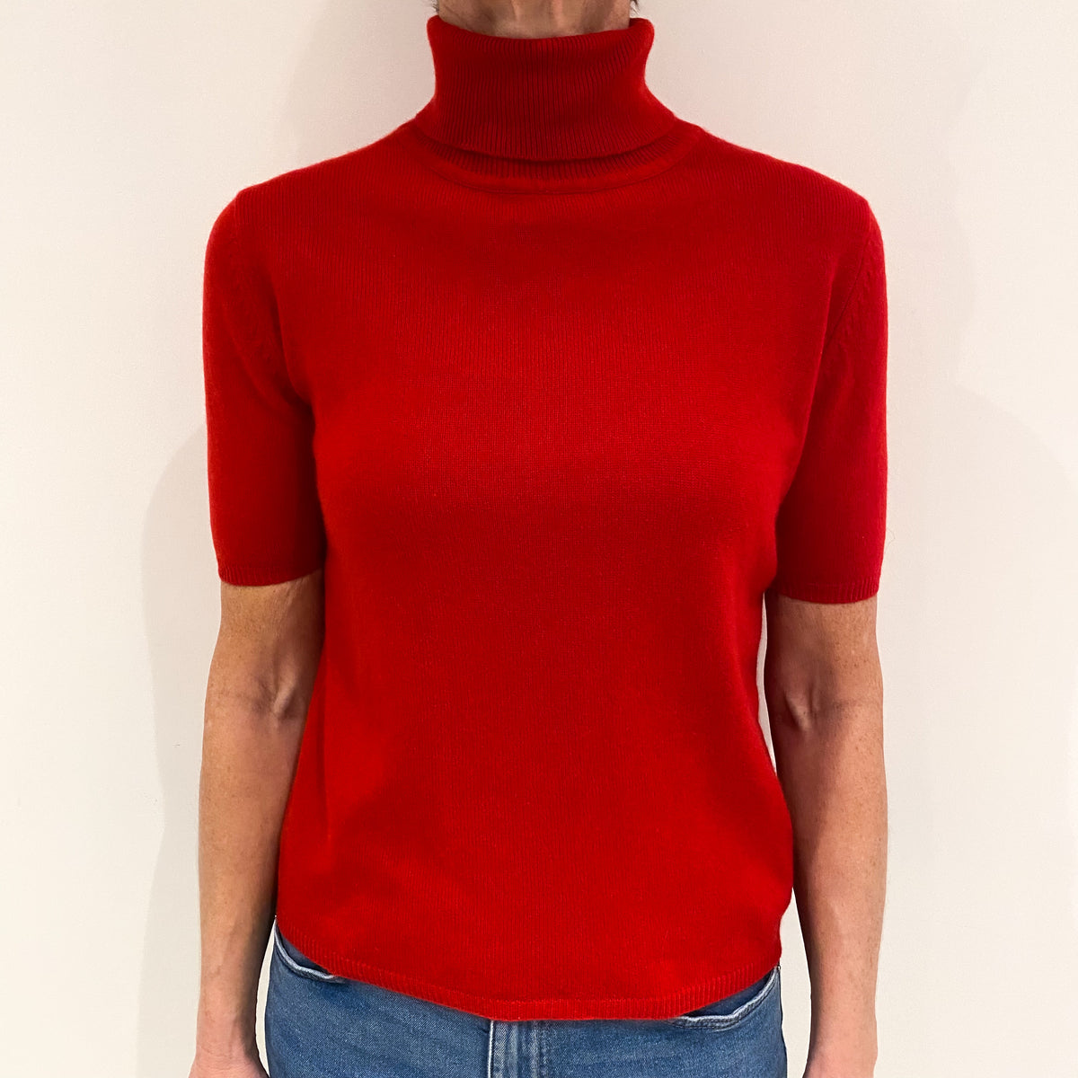 Scarlet Red Cashmere Short Sleeved Polo Neck Jumper Small